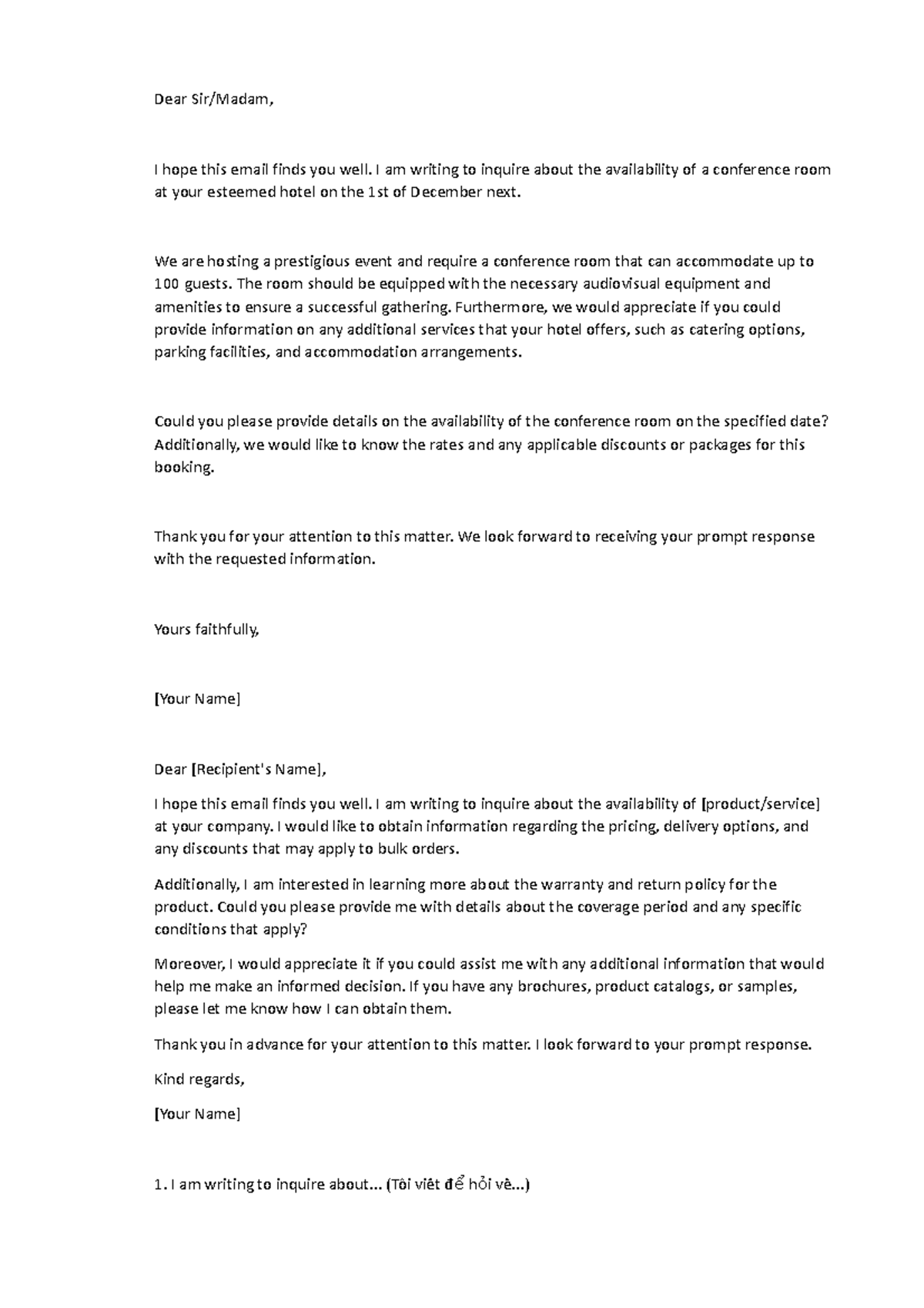 Inquiry Templates for Conference Room Booking Request (Tatq3) - Studocu