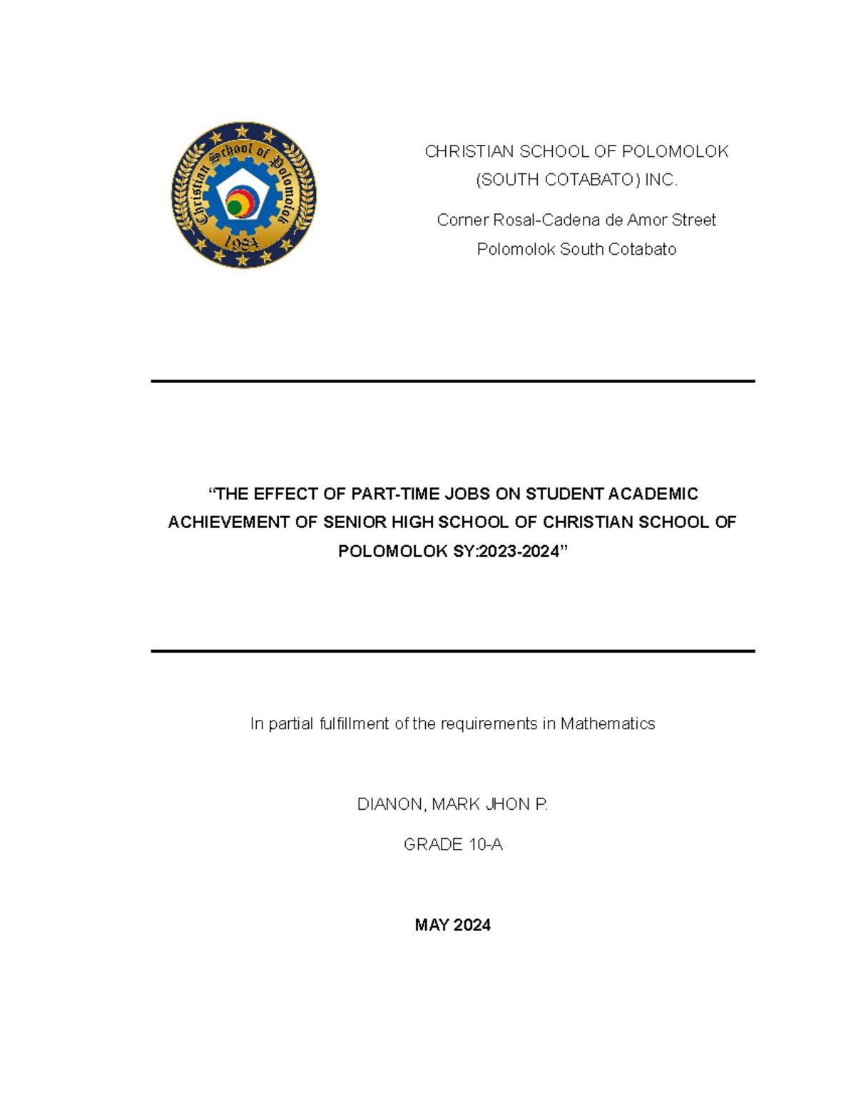 SY2023-2024 Study on Effects of Part-Time Jobs on Academic Performance ...