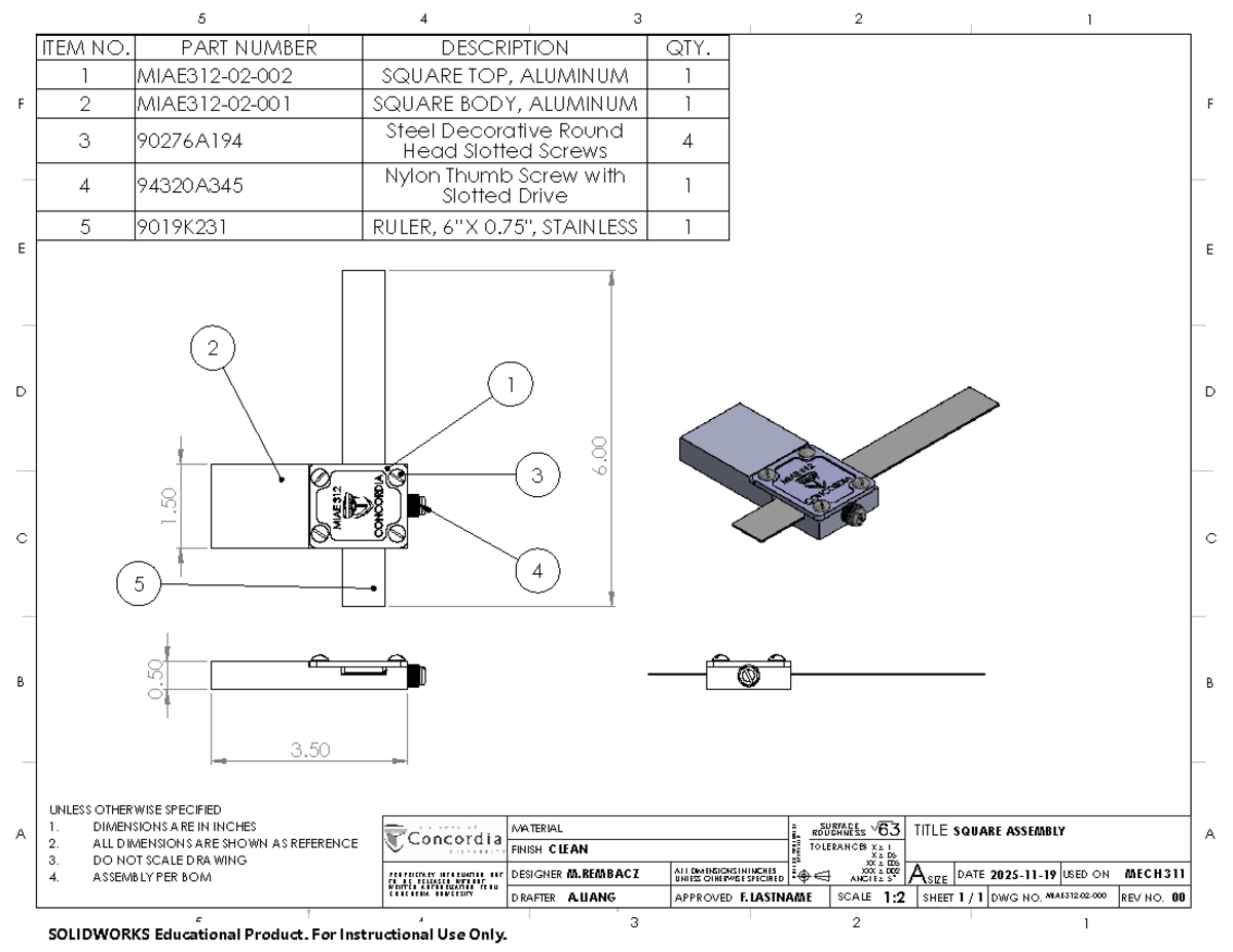 MECH 311: Square Assembly Drawing and Specifications - Studocu