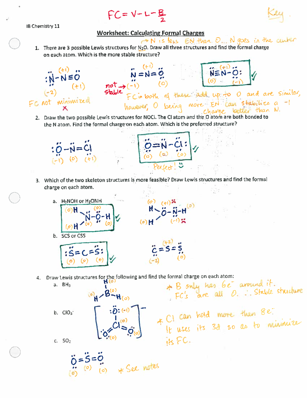 Formal Charges Worksheetkey Key IB Chemistry 11 Worksheet Calculating Formal Charges N is