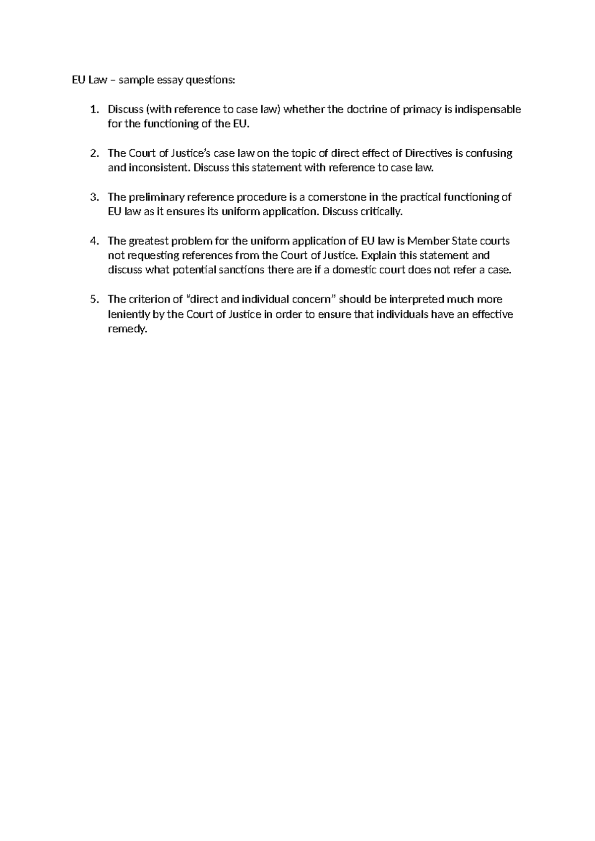 EU Law further sample questions - EU Law – sample essay questions: 1 ...