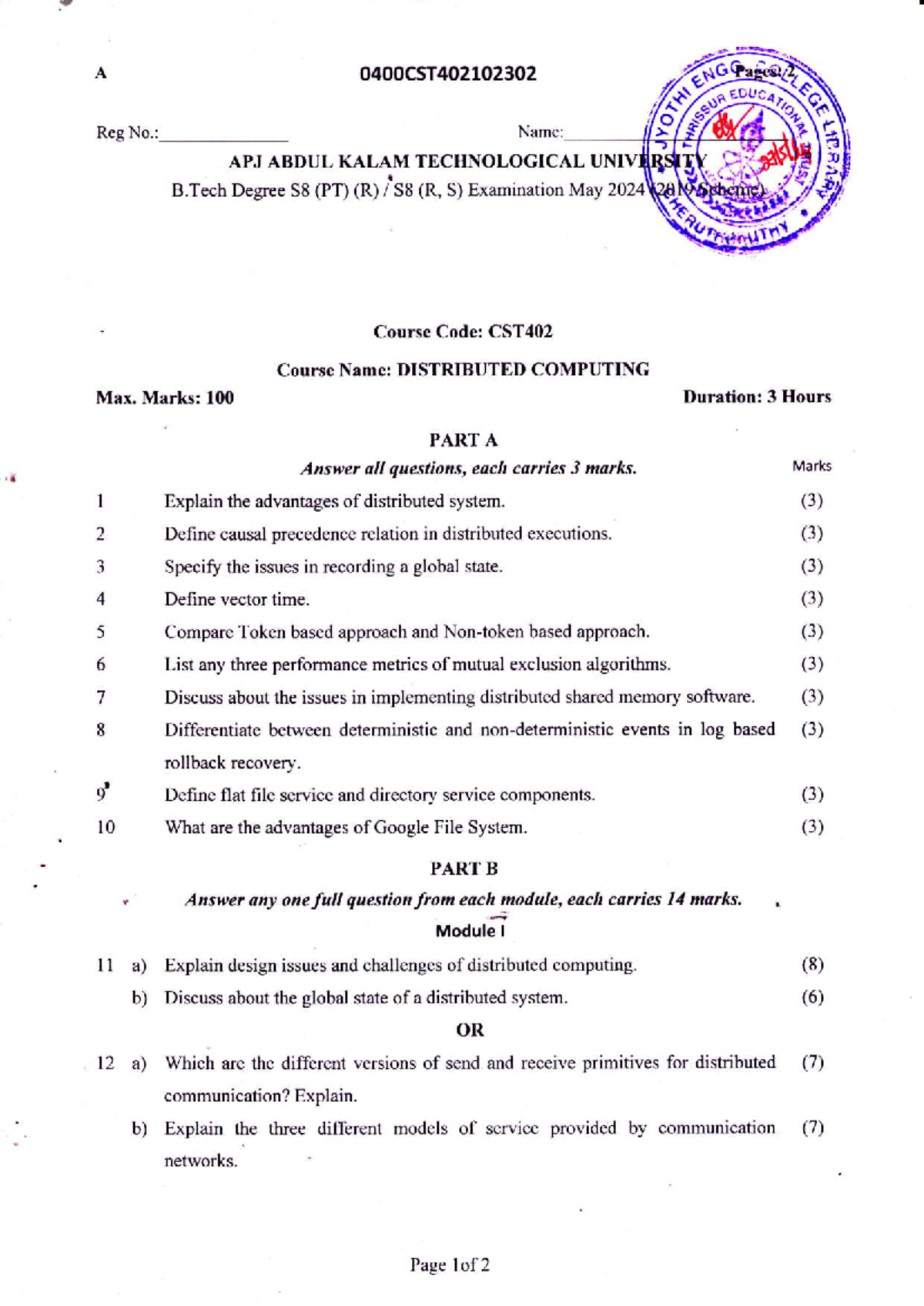 CST402 Distributed Computing - May 2024 Exam Question Paper - Studocu