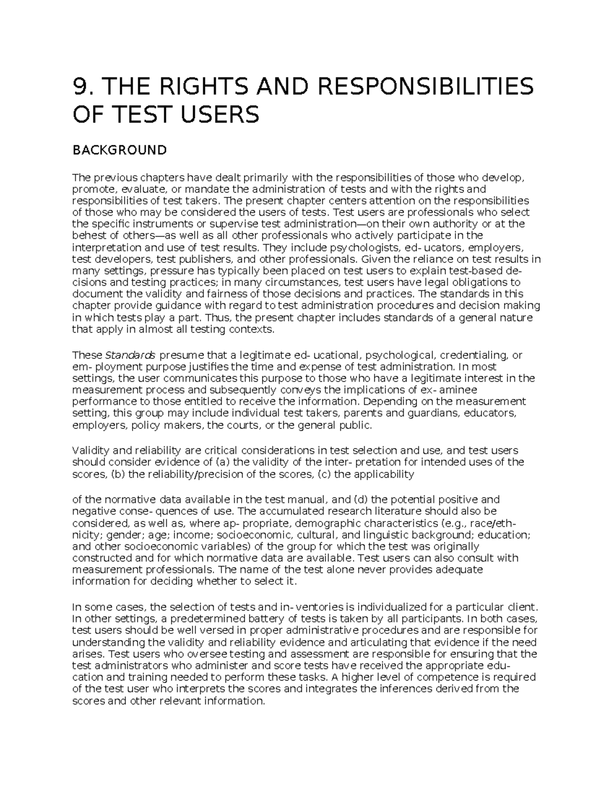 Standards for Test Users' Rights and Responsibilities (Chapter 9) - Studocu