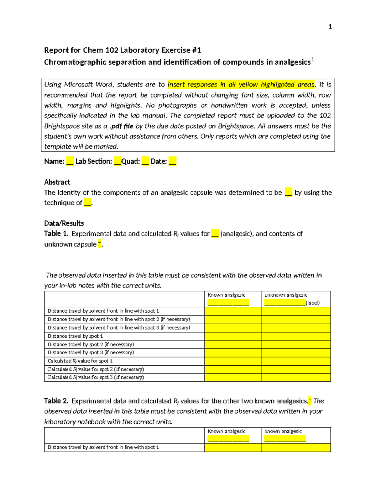 Chem 102 Lab Exercise 1: Chromatography Report Template - Studocu