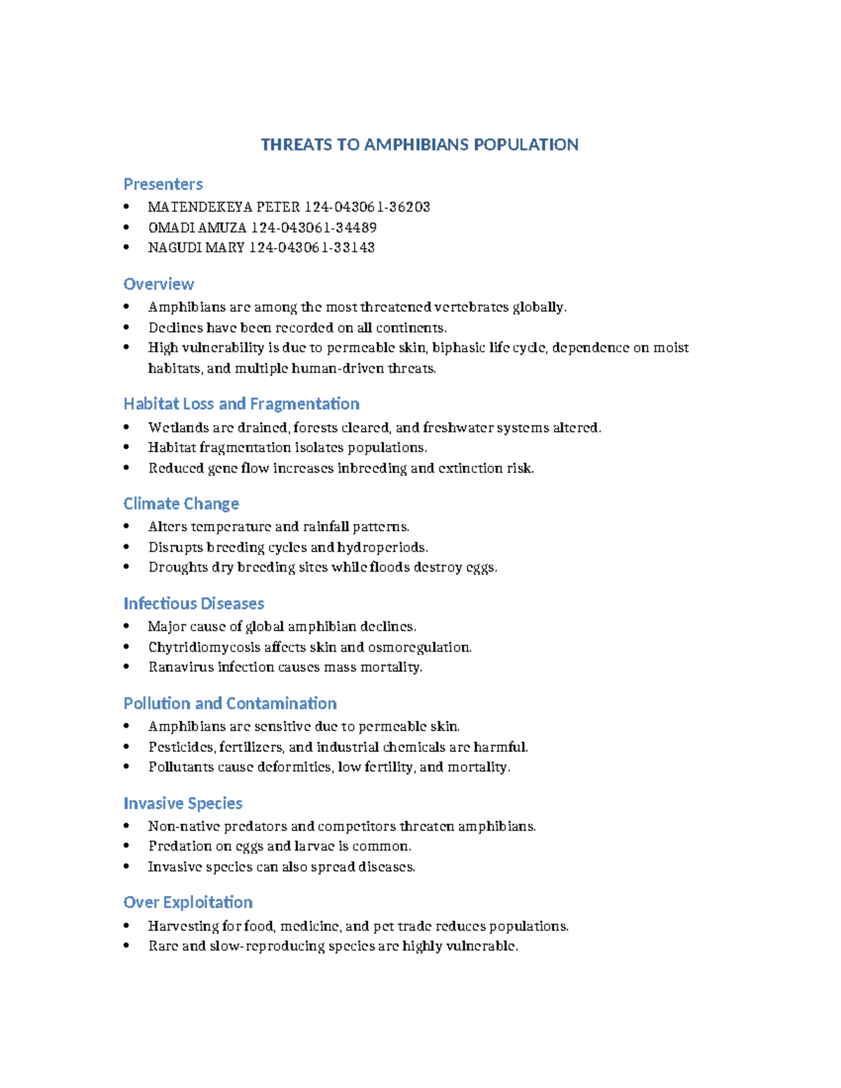 Threats to Amphibian Populations: An Overview of Key Issues - Studocu