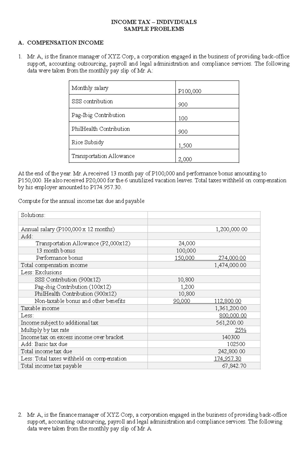 Income Tax Calculation for Individuals (Sample Problems) - Studocu