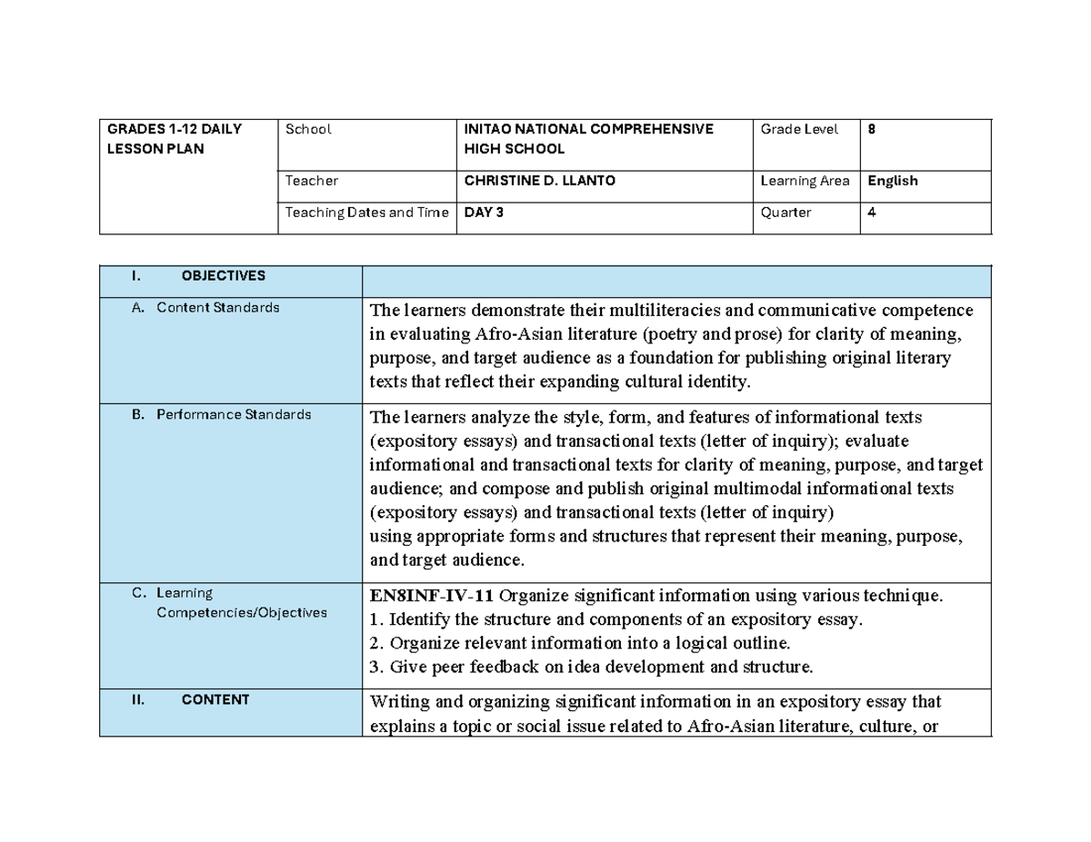 CL7 Eng8 Q4 Daily Lesson Plan: Expository Essay Writing - Studocu
