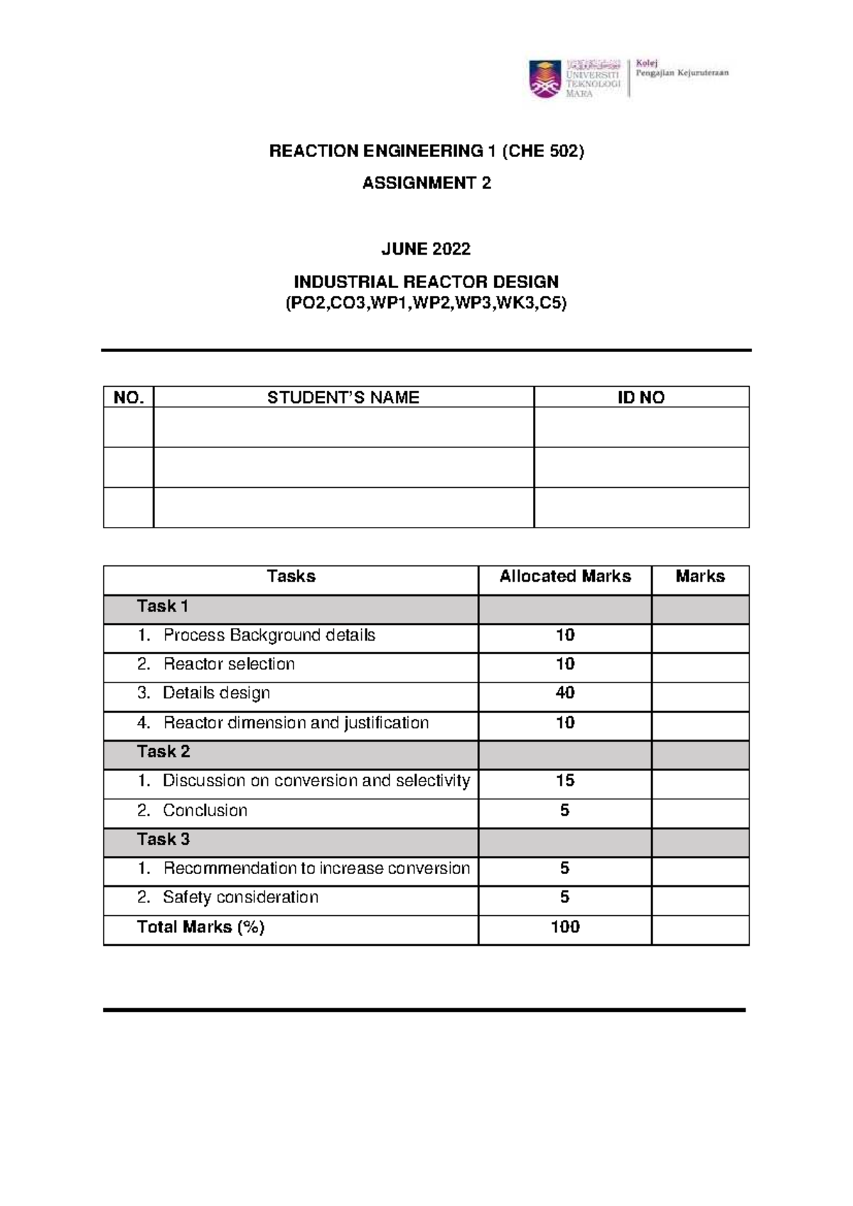 Industrial Reactor Design Assignment 2 (CHE 502) - June 2022 - Studocu