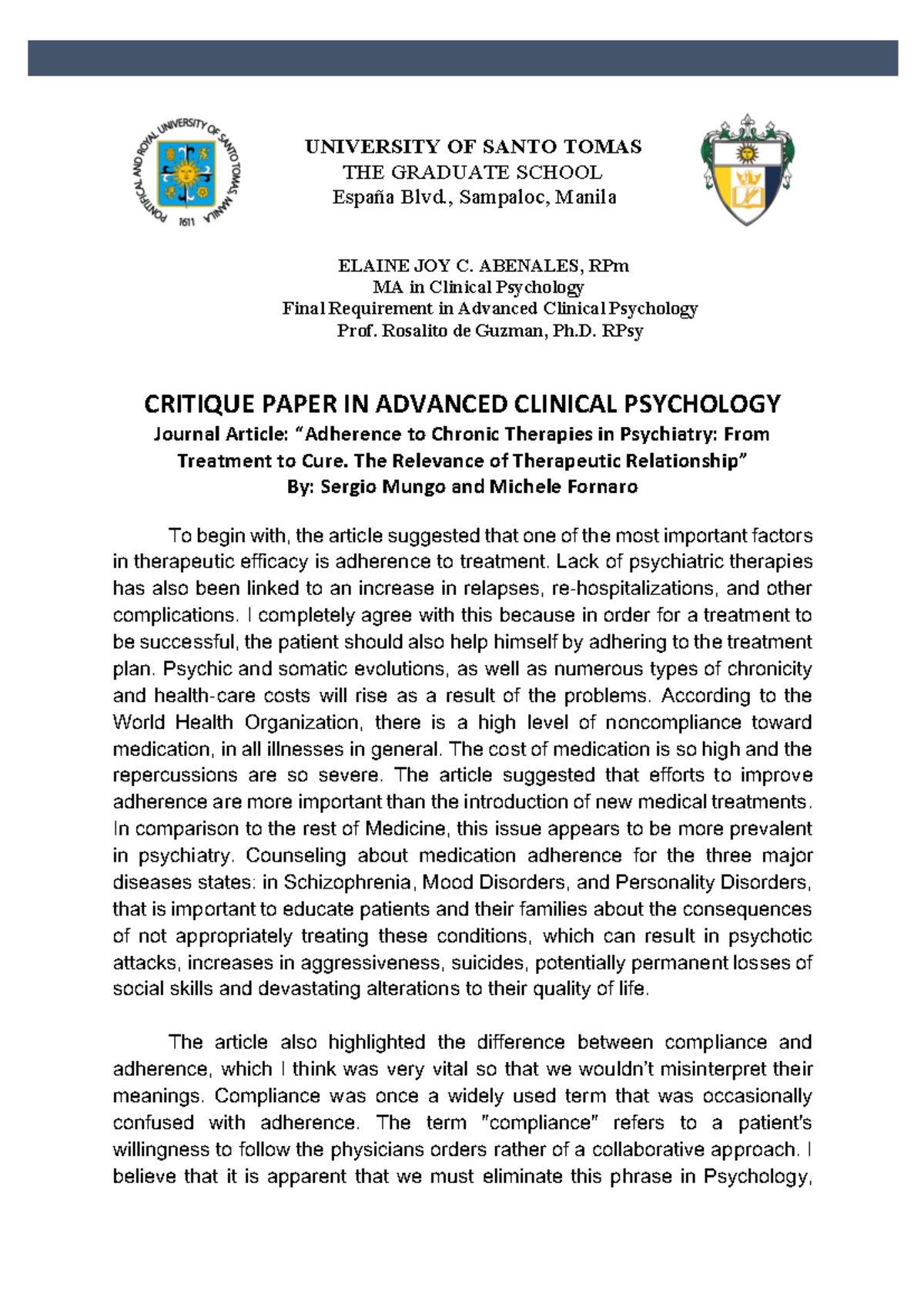 Critique Paper in MA Clinical Psychology: Adherence in Psychiatry - Studocu