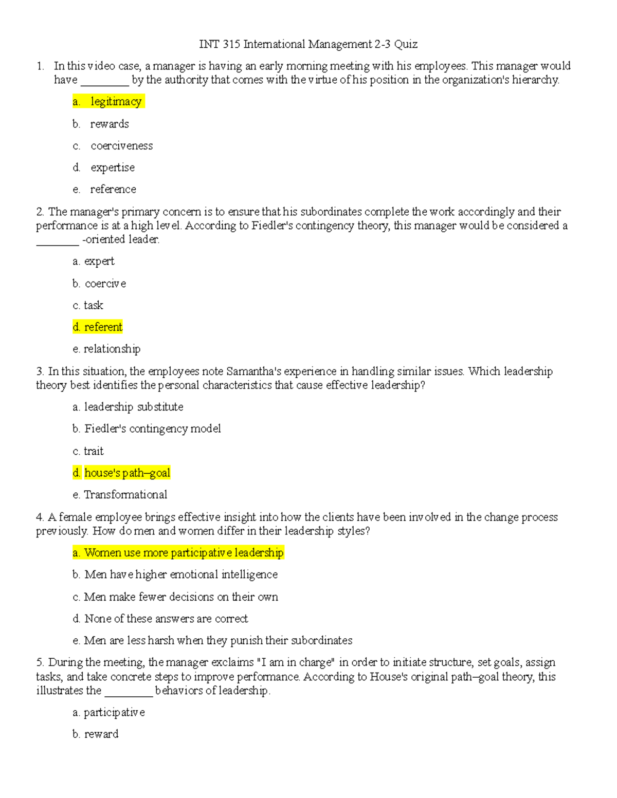 INT315 2-3 International Management Quiz Questions & Answers - Studocu