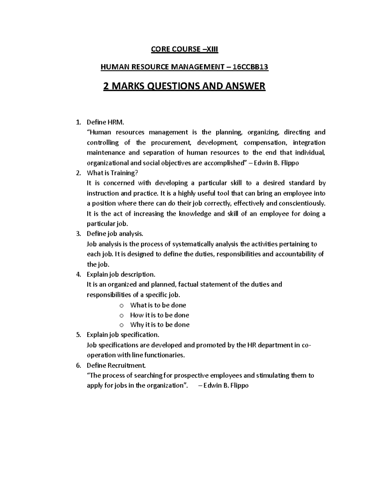 CORE COURSE HUMAN RESOURCE MANAGEMENT 16CCBB13 2 MARKS Q&A - Studocu