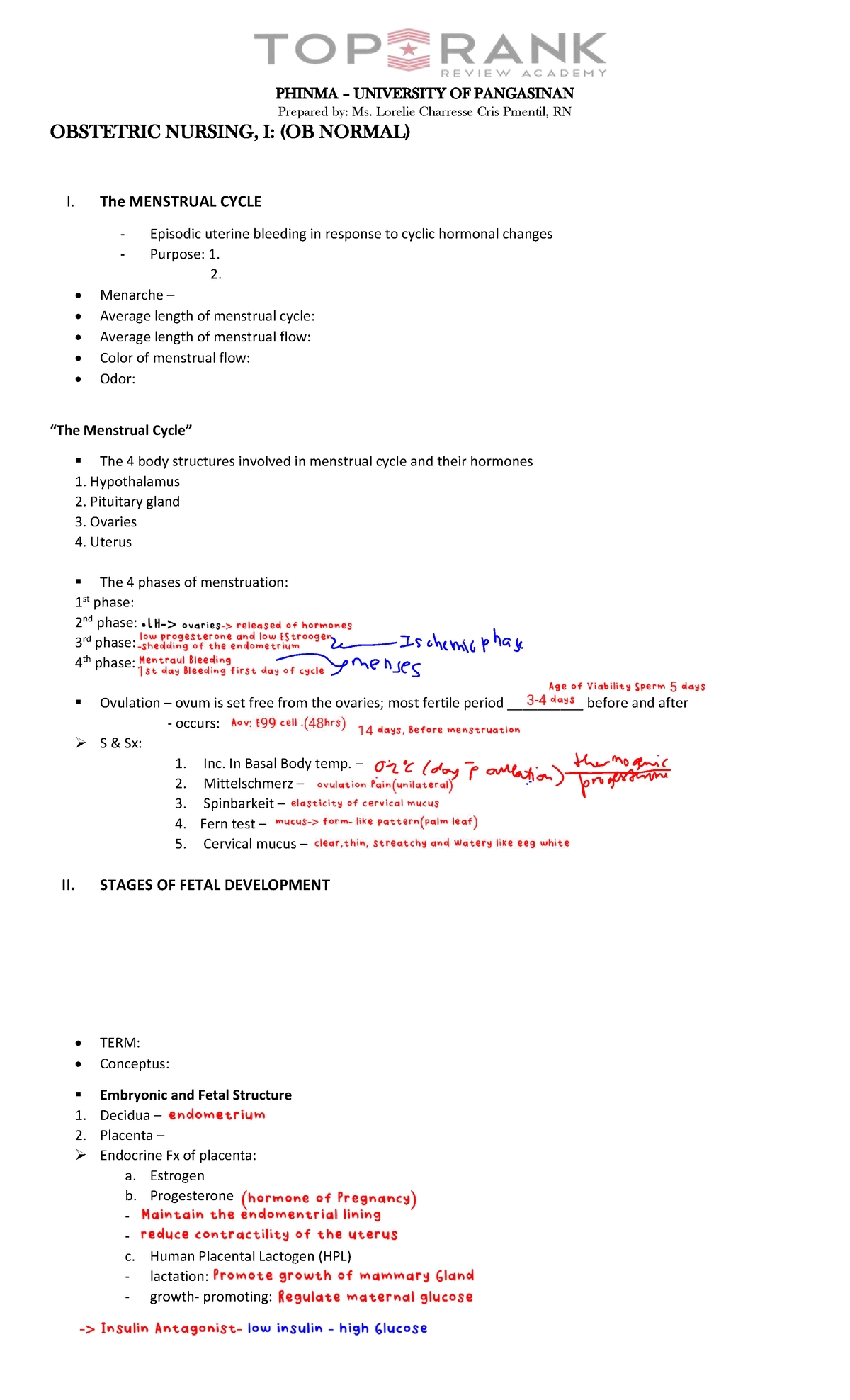 OB NURSING I: MENSTRUAL CYCLE & FETAL DEVELOPMENT NOTES - Studocu