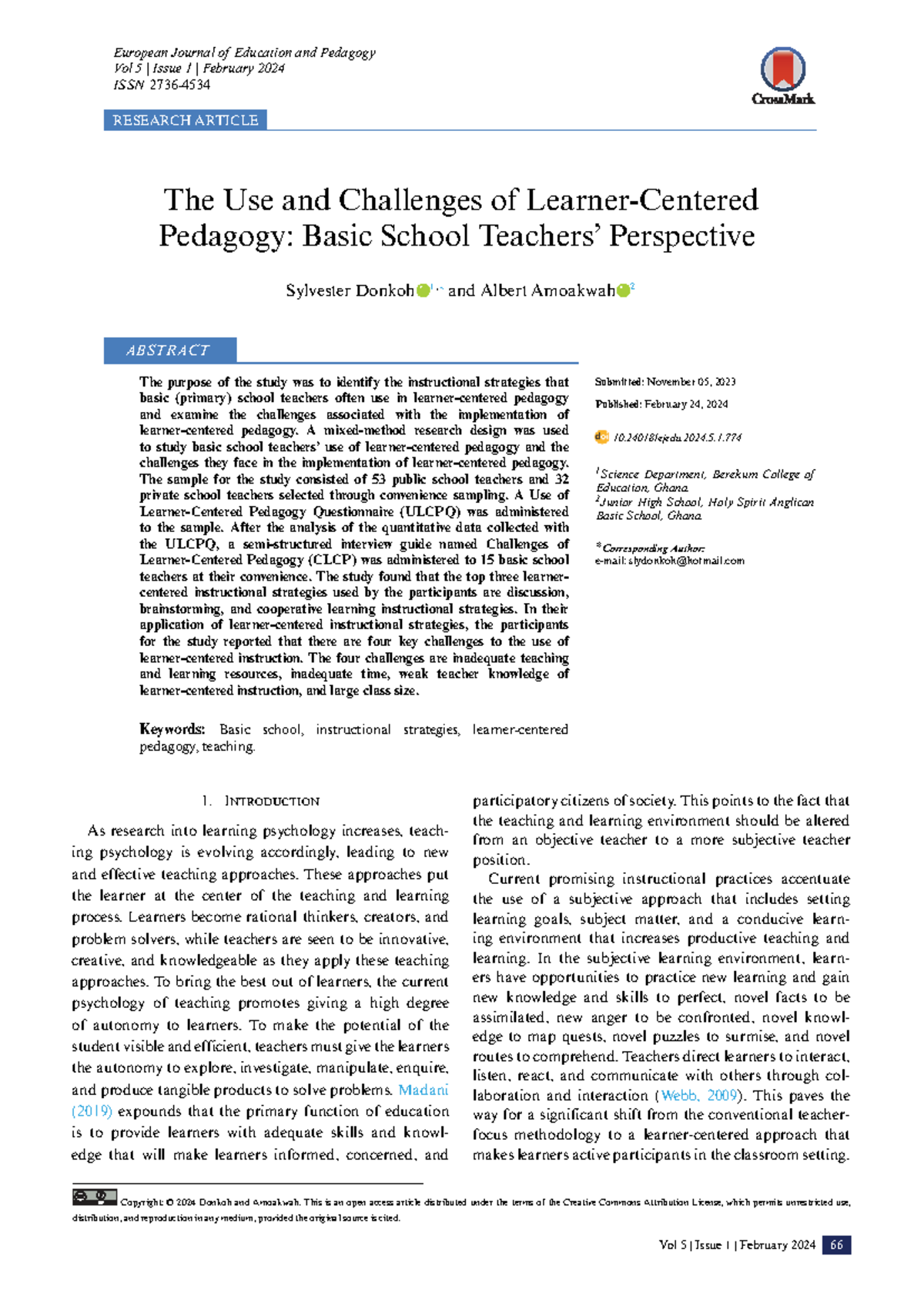 EJ-EDU 774 - The Use and Challenges of Pedagogy in Basic Schools - Studocu