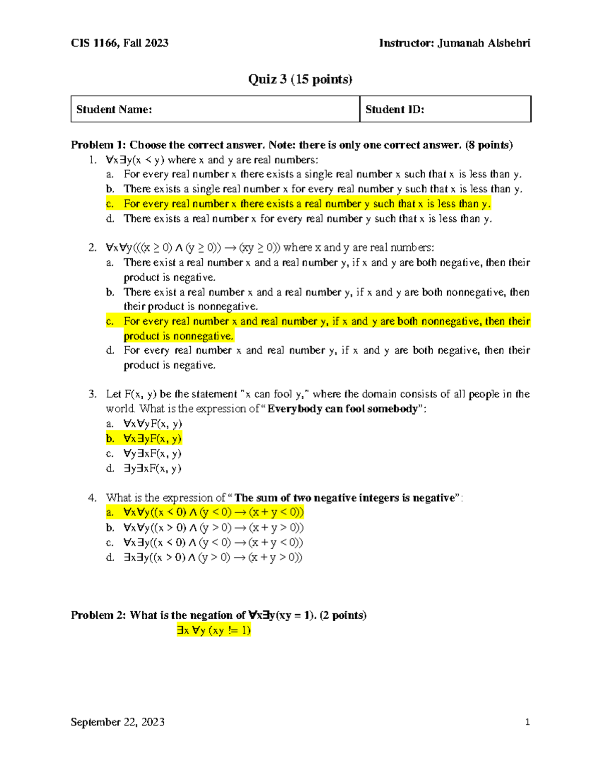 CIS 1166 Quiz 3 Answer Key - Solutions for Fall 2023 - Studocu