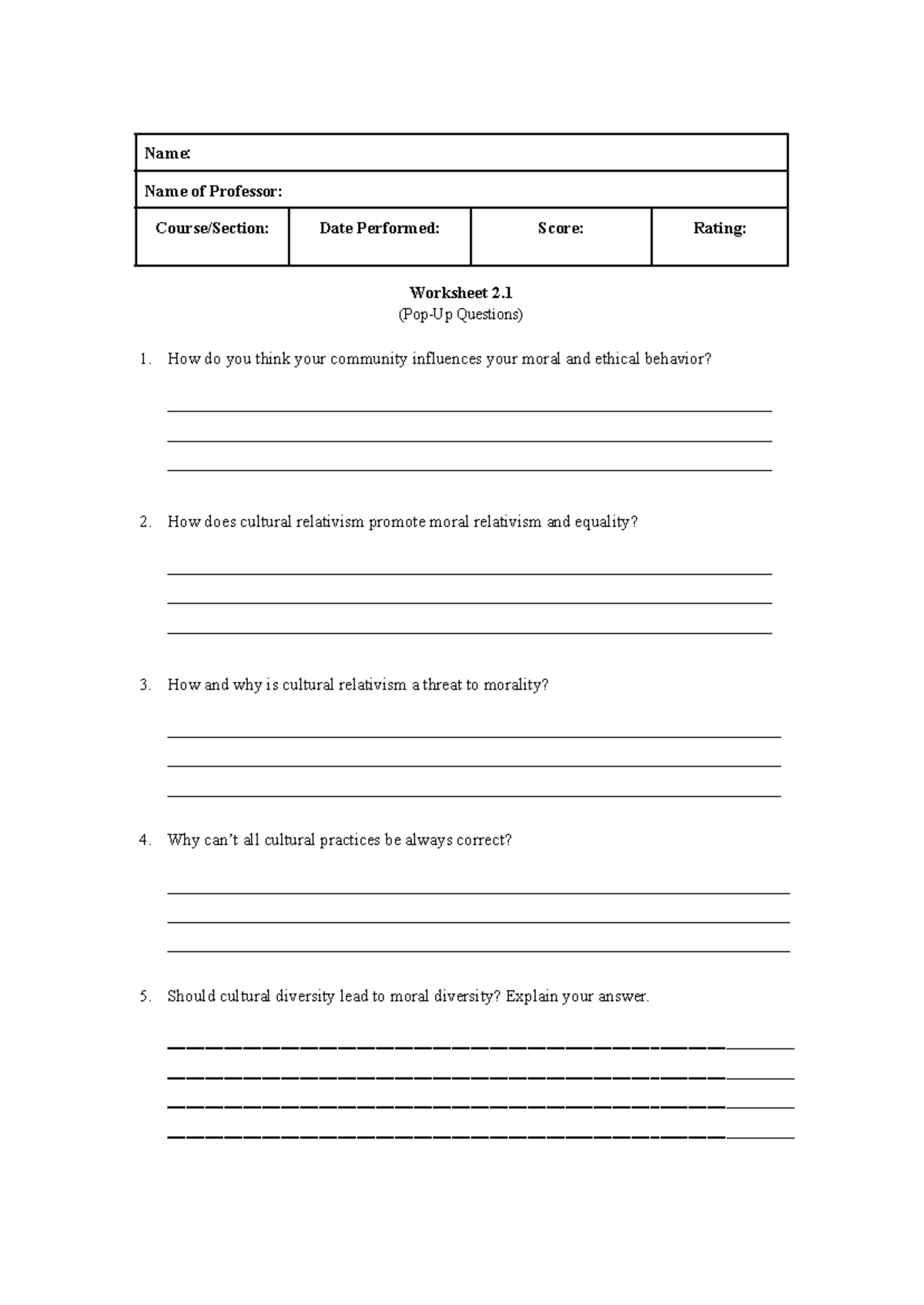 Ethics Worksheets: Exploring Cultural Practices and Moral Values - Studocu