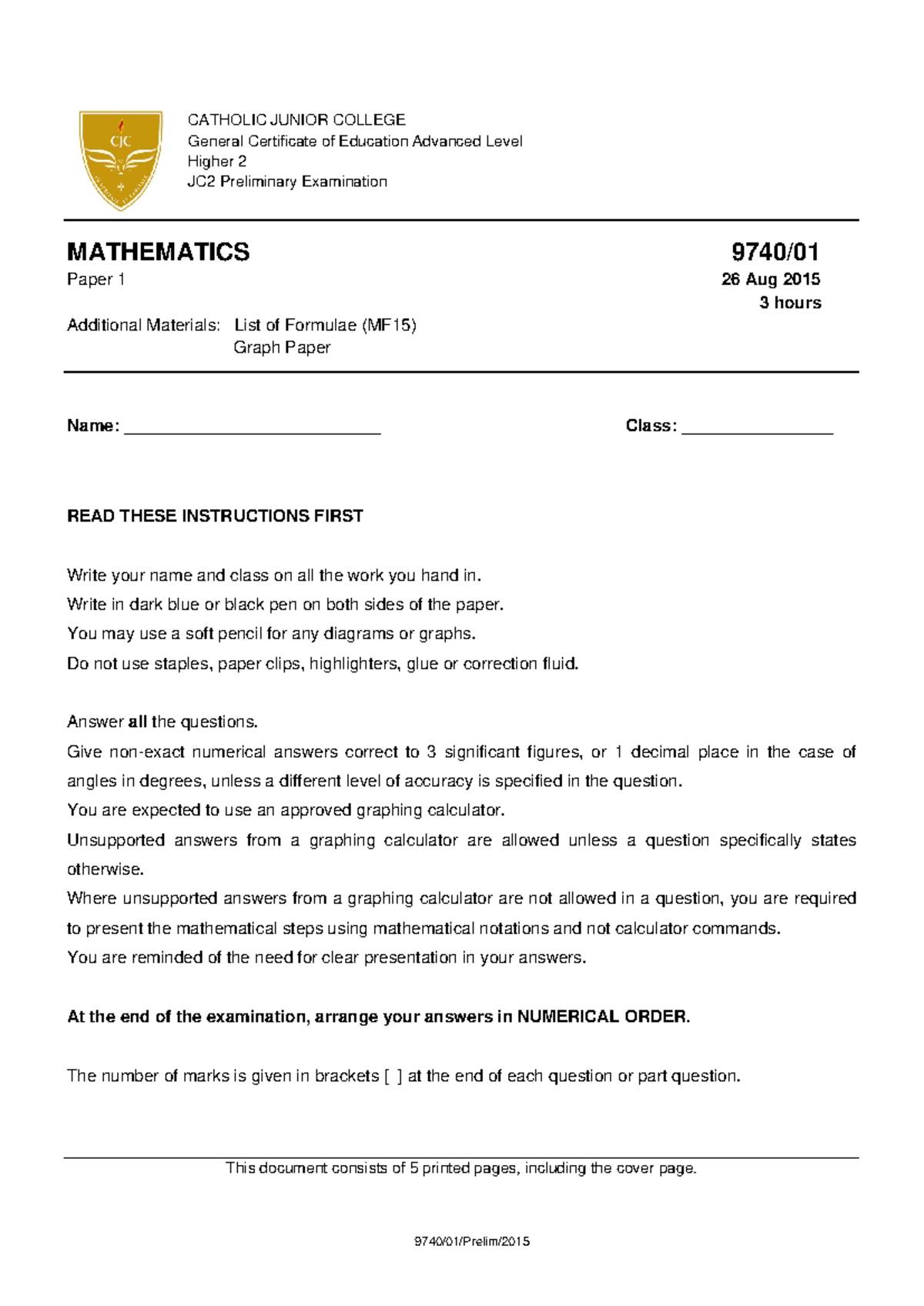 CJC H2 MATH P1 QP - Practice Paper for JC2 Preliminary Exam - Studocu