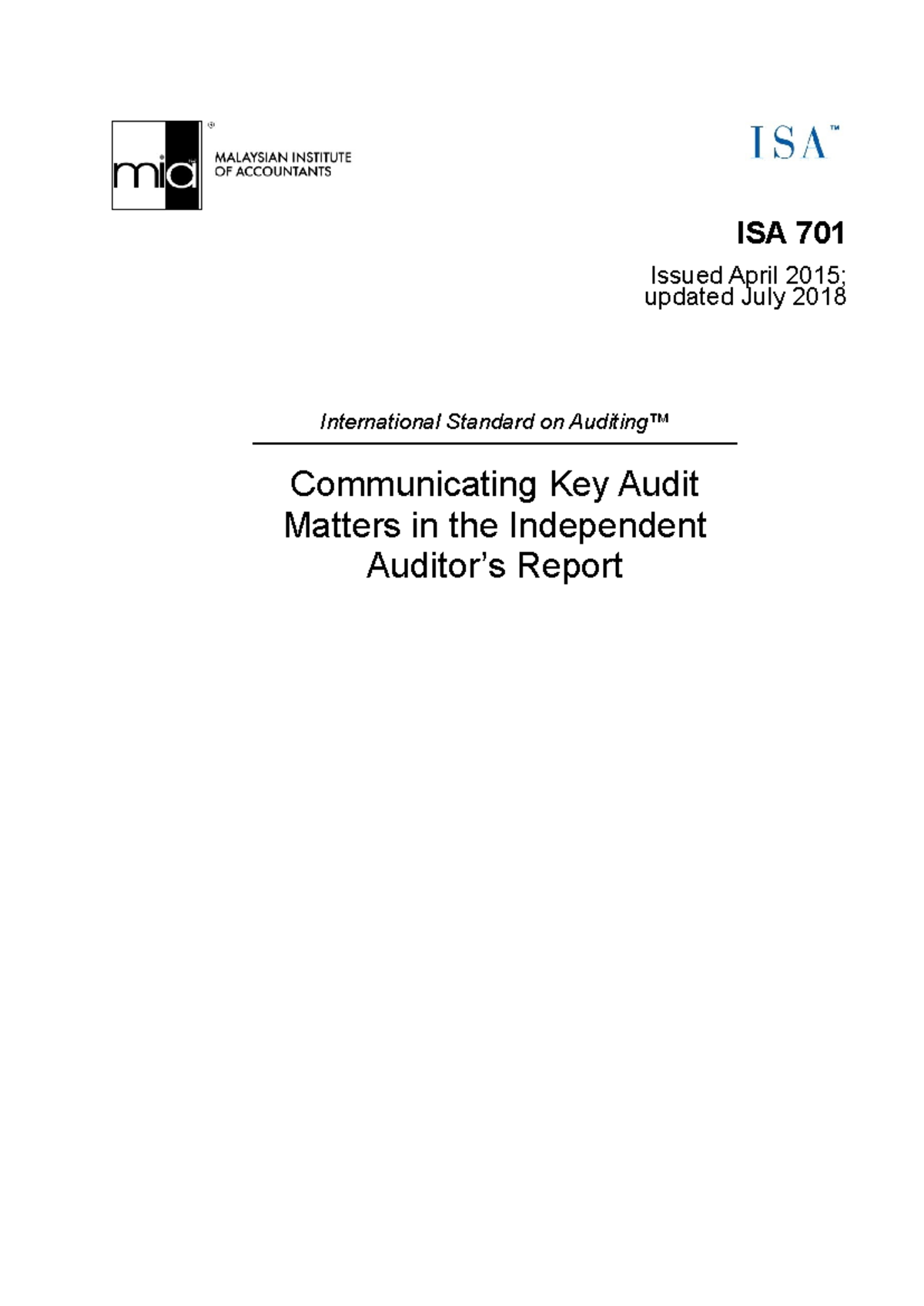 ISA 701 (July 2018) Communicating Key Audit Matters in the Auditor's ...