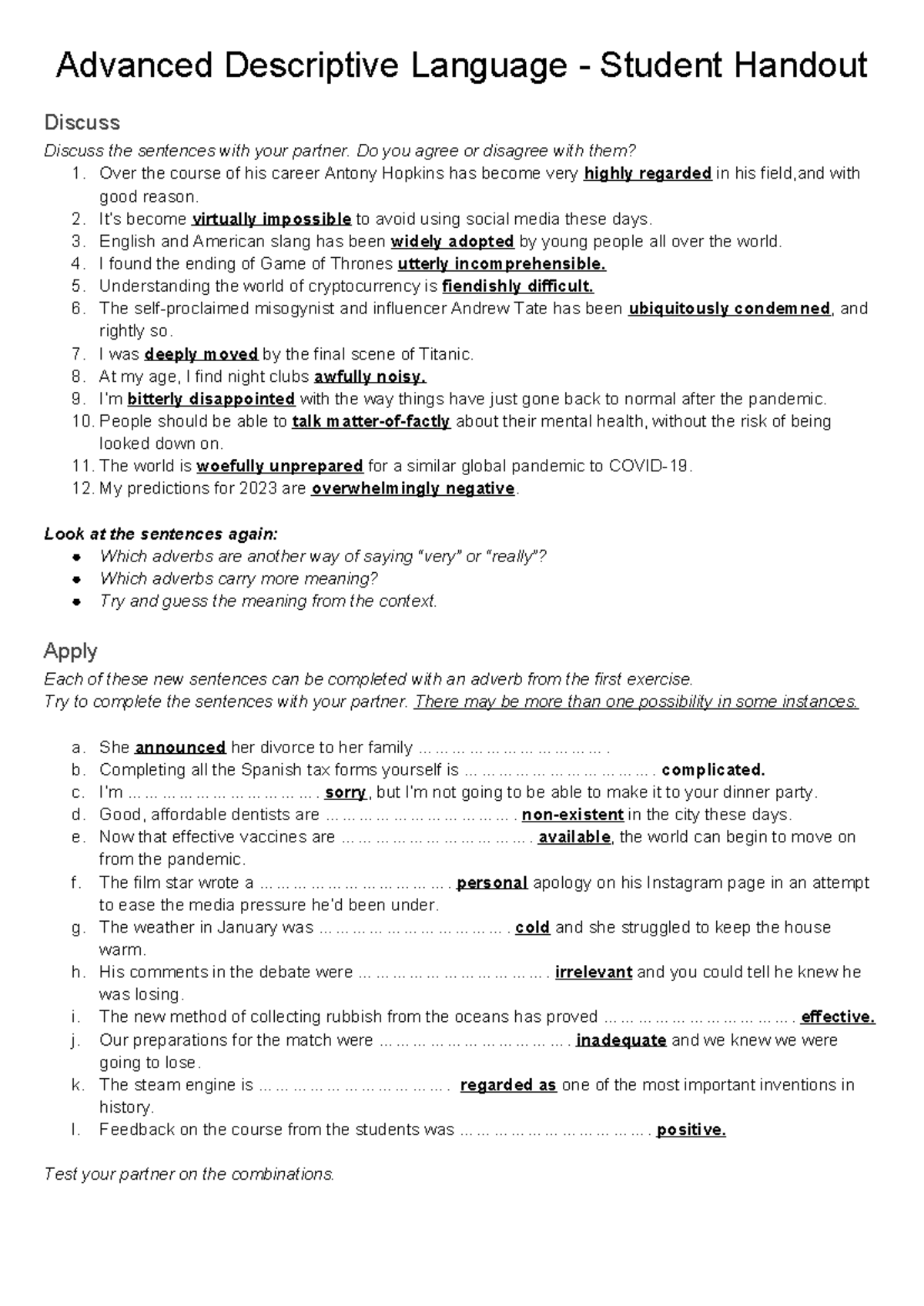 Advanced Descriptive Language Student Handout - Advanced Descriptive ...