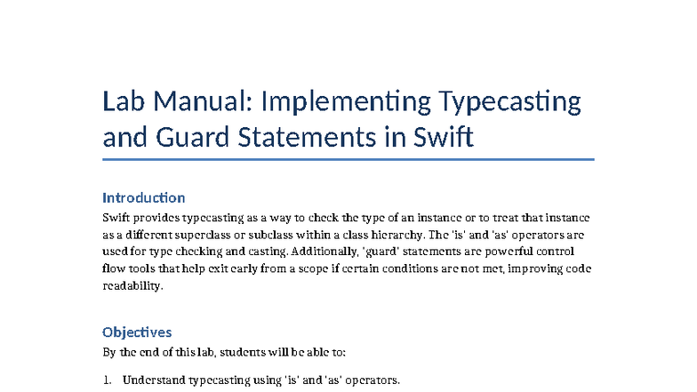 Lab Manual: Swift Typecasting & Guard Statements (CS101) - Studocu