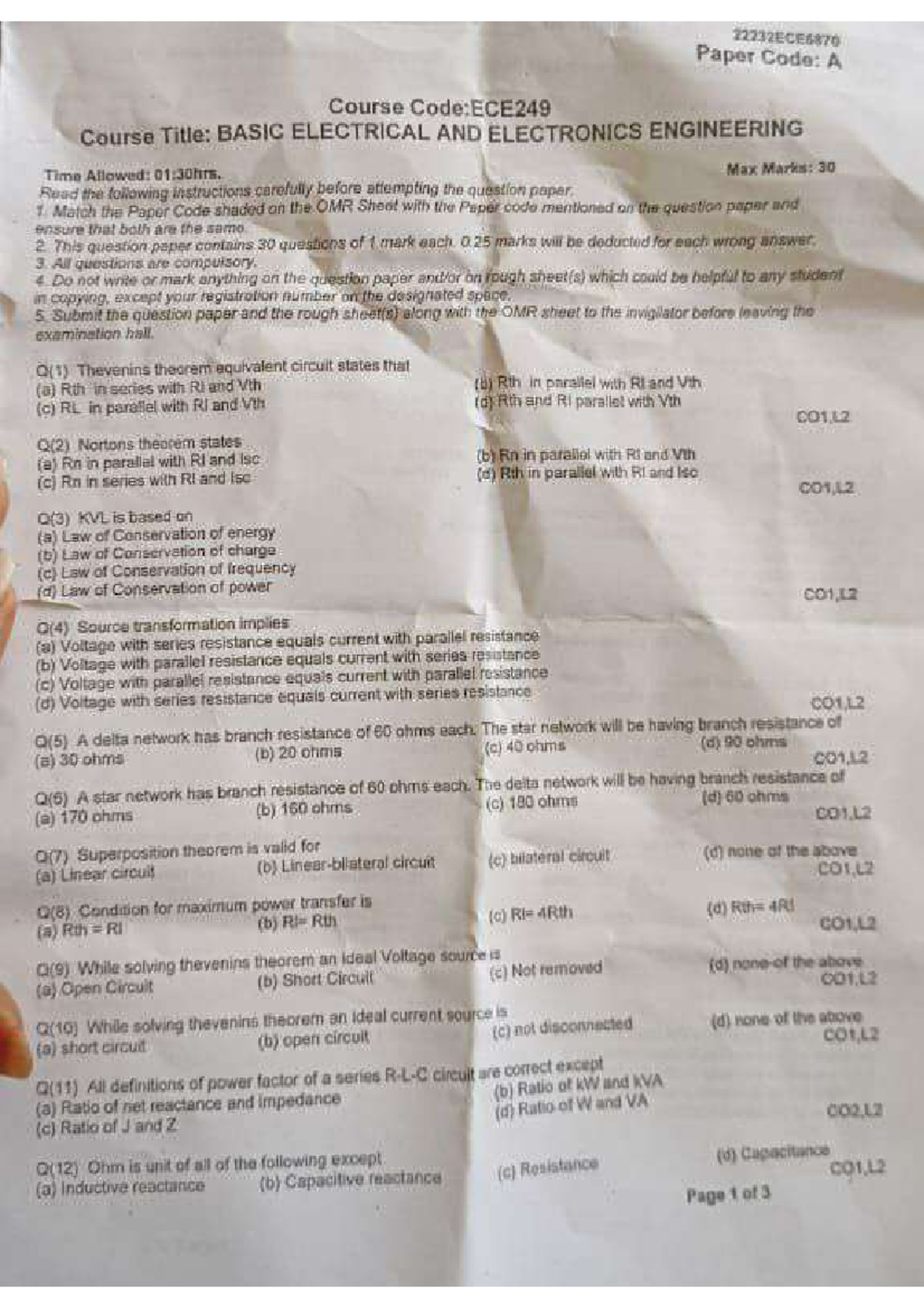 Ece249 Basic Electrical Electronics Engineering Past Year