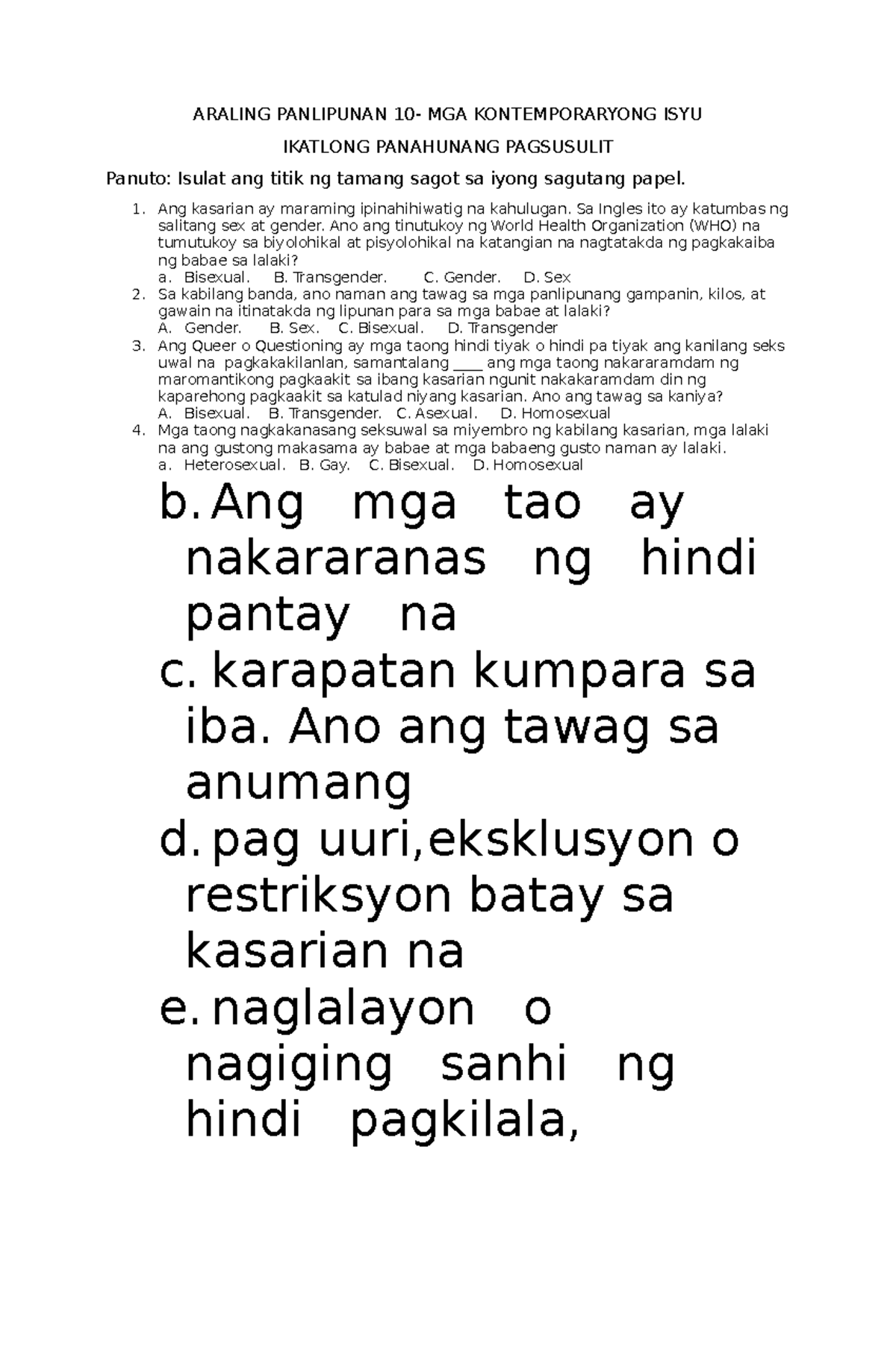 AP10-Q3 EXAM 24-25 - EXAM FOR GRADE 10 - ARALING PANLIPUNAN 10- MGA ...