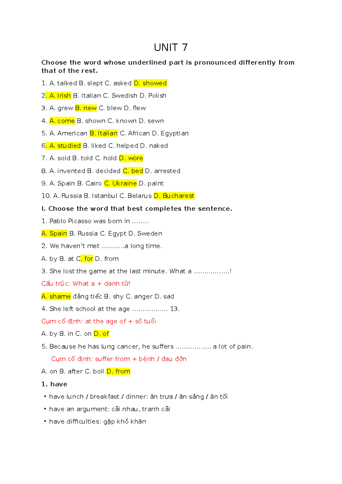 UNIT 7 - Pronunciation and Sentence Completion Exercises - Studocu