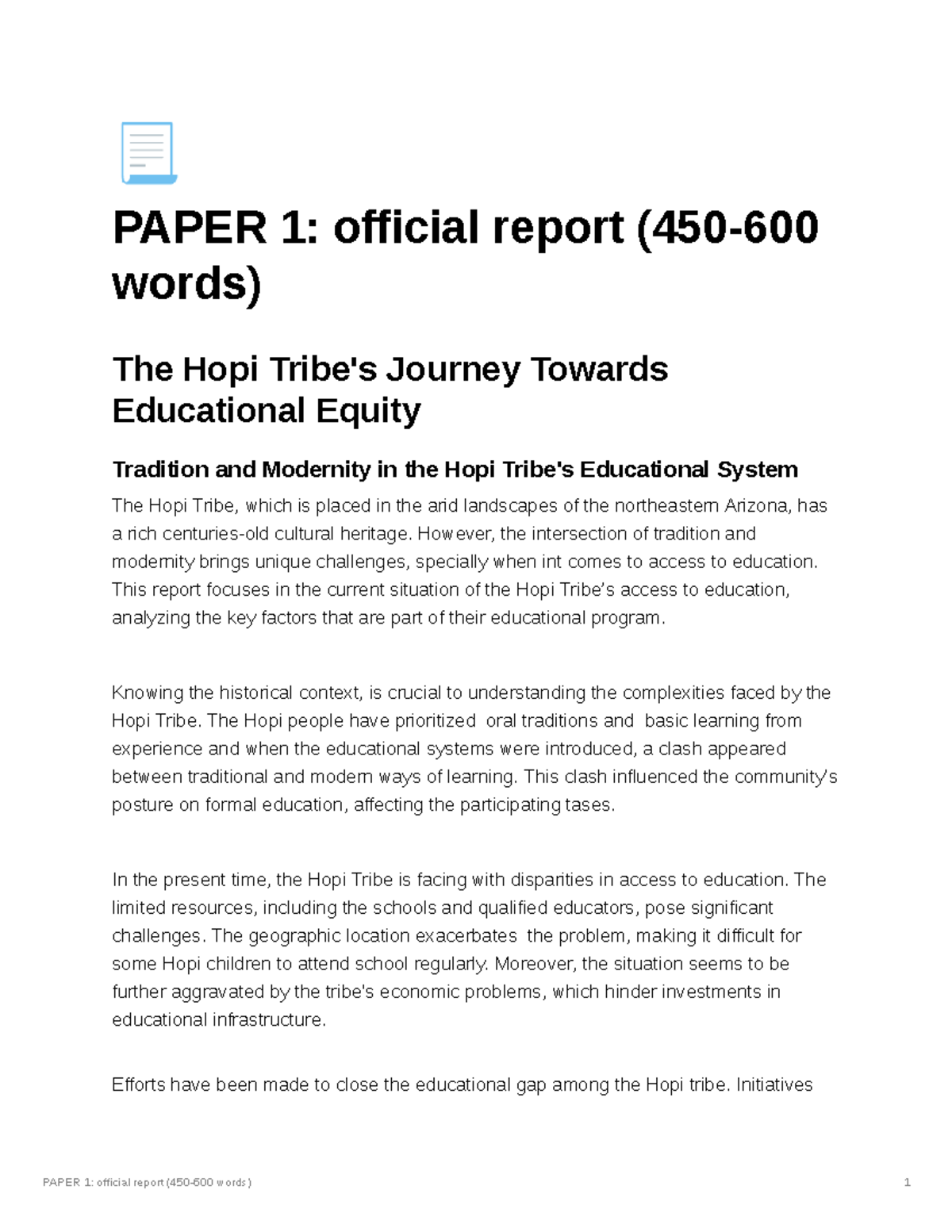 HUM 101: Paper 1 Official Report on Hopi Tribe Educational Equity - Studocu