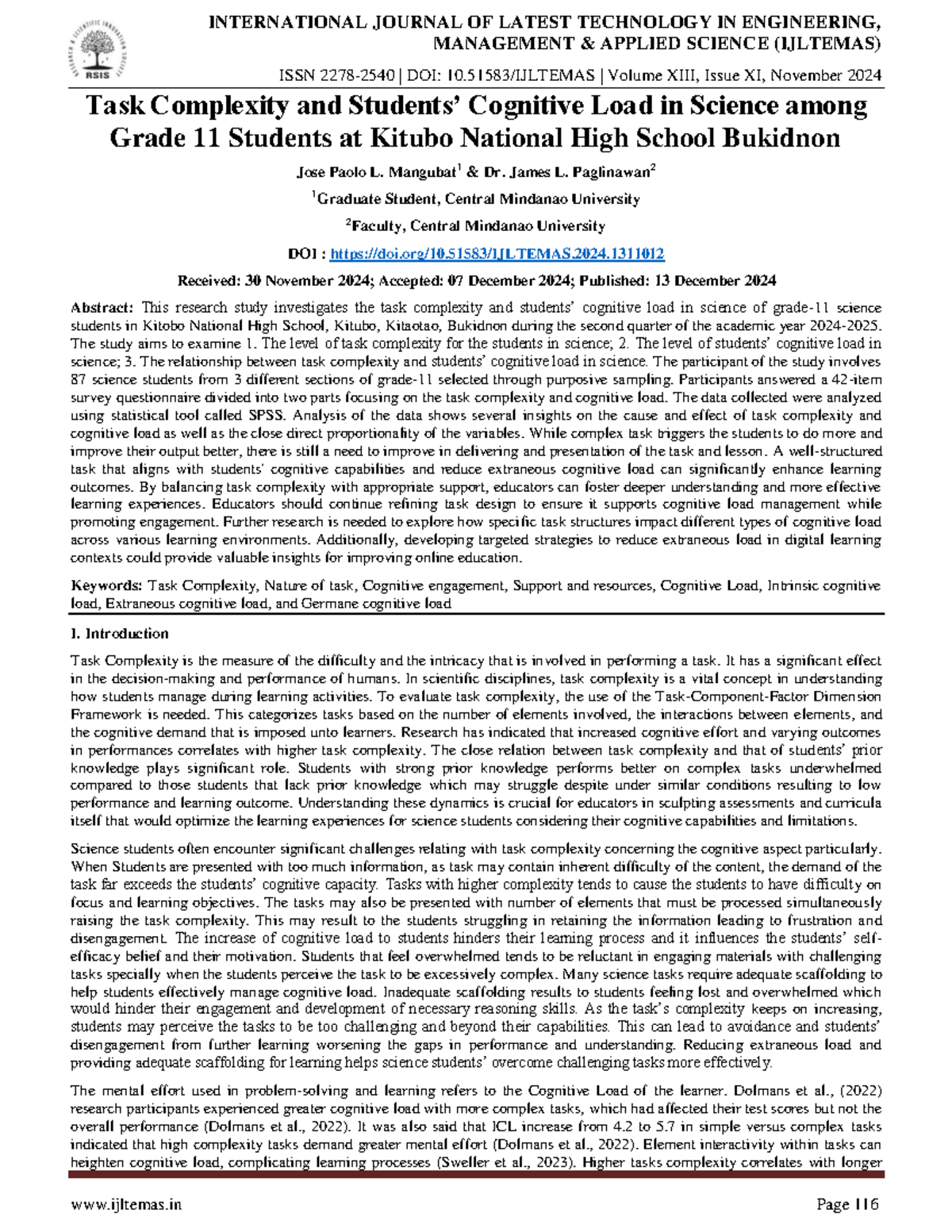Task Complexity and Cognitive Load in Science: A Study of Grade 11 ...