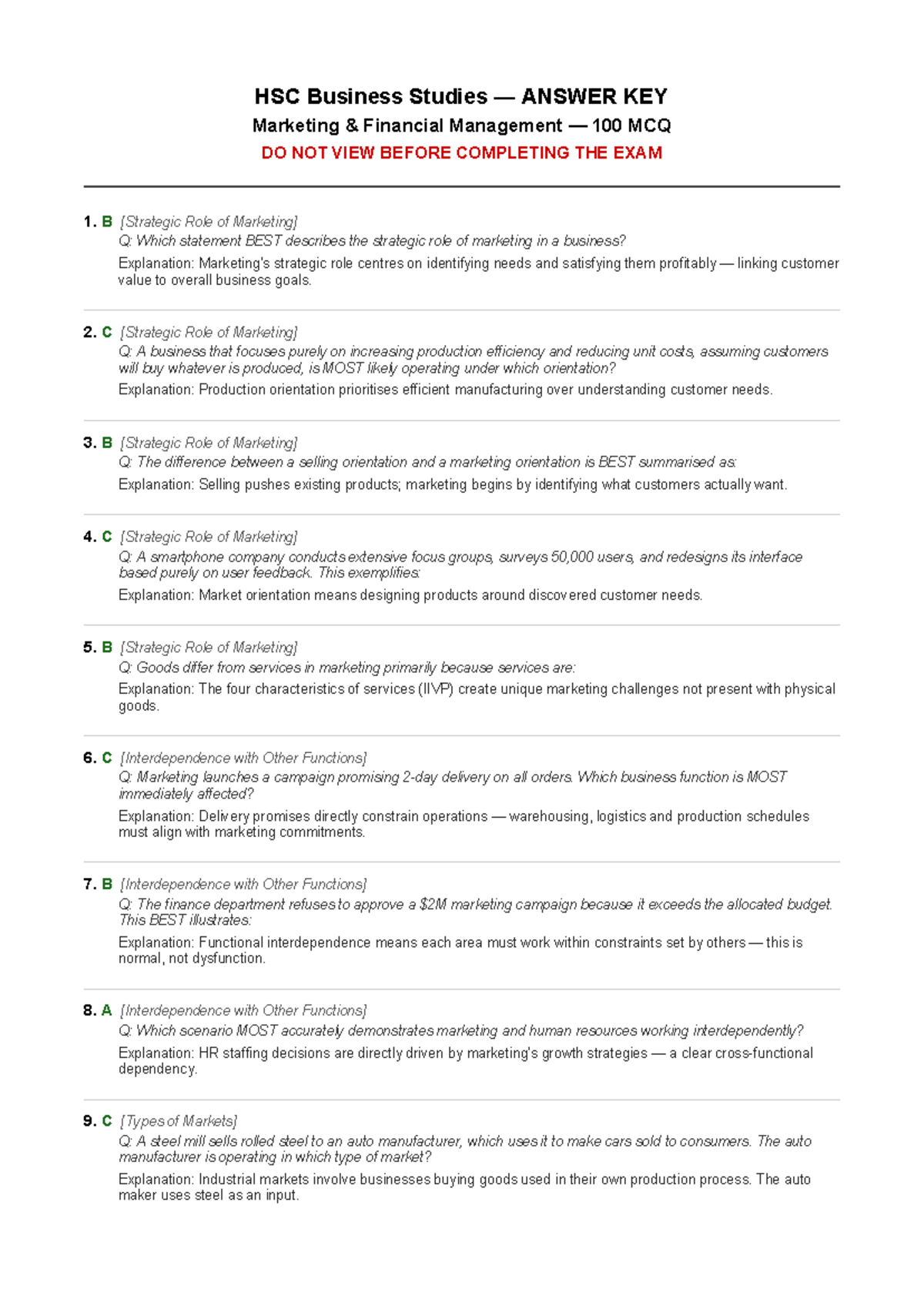 HSC Business Studies Marketing 100 MCQ Answers Key - Studocu
