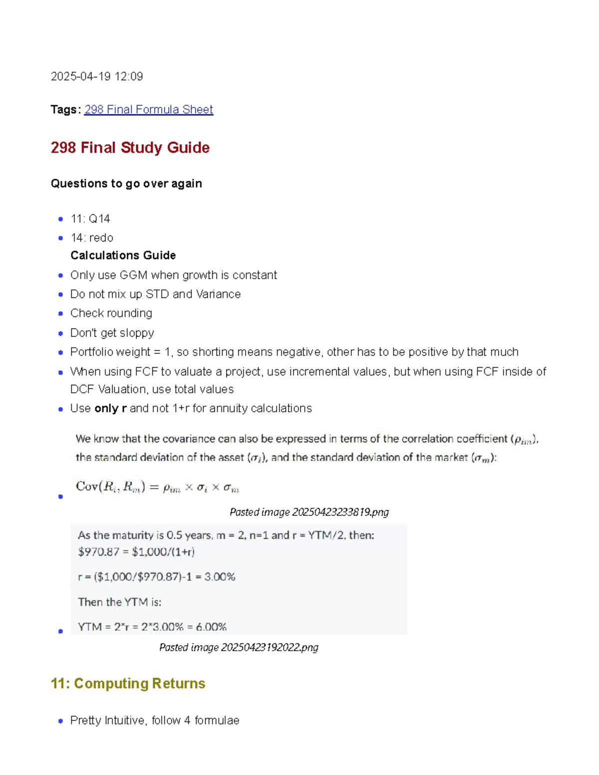 298 Final Study Guide: Key Concepts and Formulas for Finance - Studocu