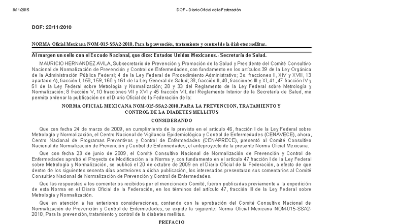 NOM 015 SSA2 2010: Prevención y Control de la Diabetes Mellitus - Studocu