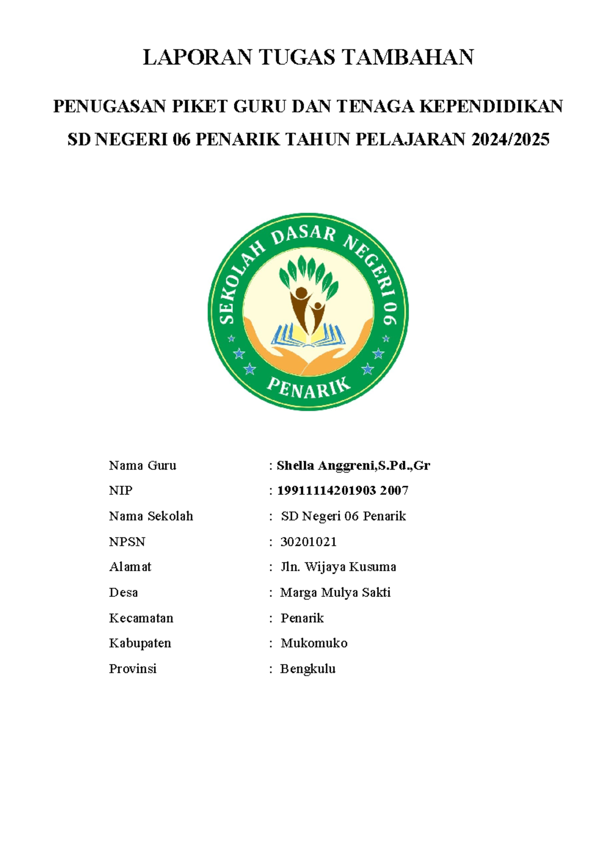 Laporan Tugas Piket Guru SDN 06 Penarik Tahun Pelajaran (PMM) - Document Preview