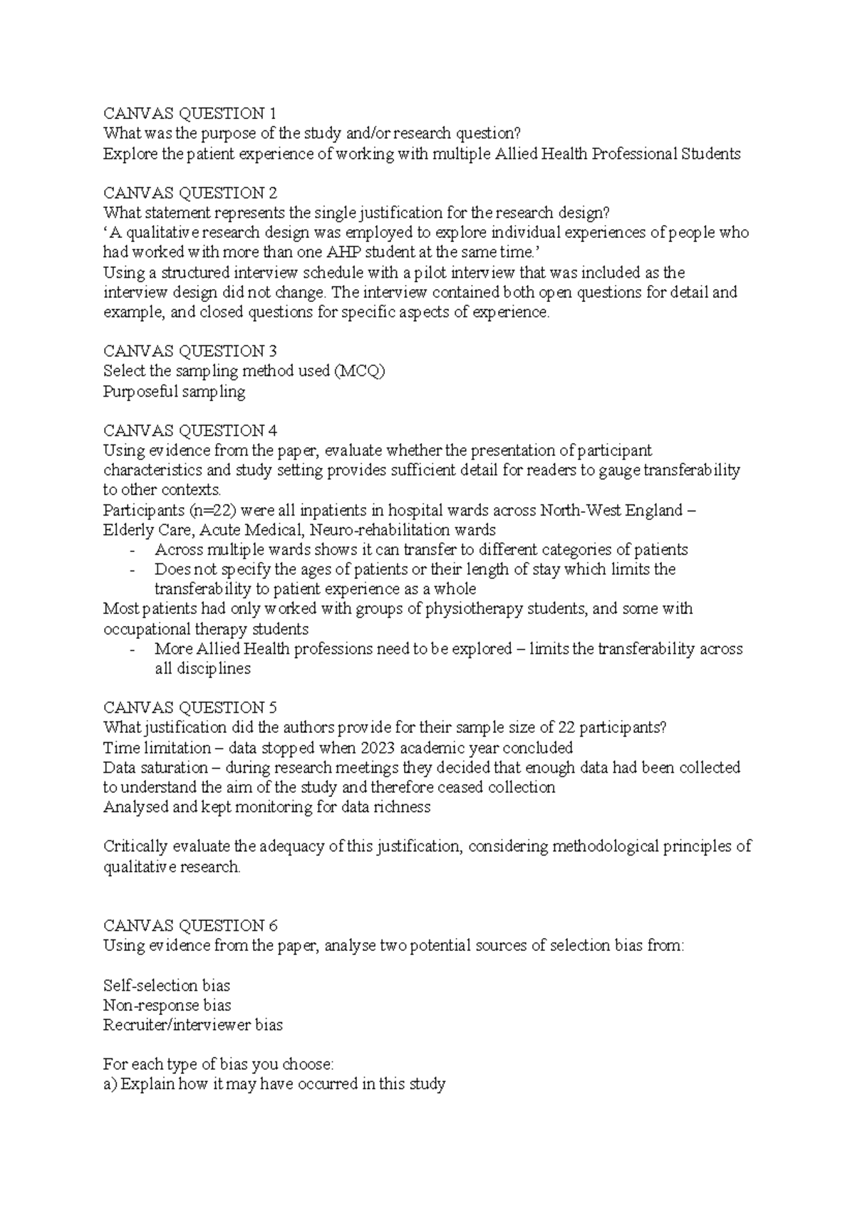 critical appraisal 2 - CANVAS QUESTION 1 What was the purpose of the ...