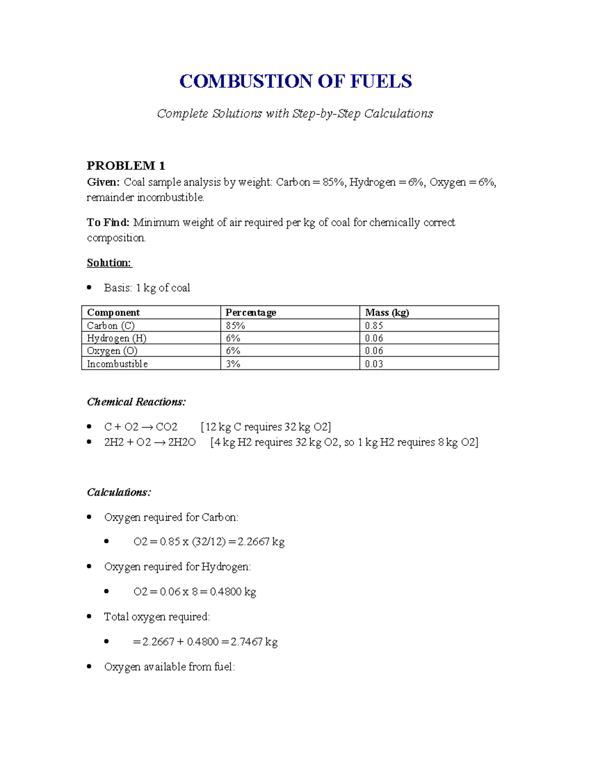 COMBUSTION OF FUELS (ENGR 101) Assignment Solutions with Calculations ...