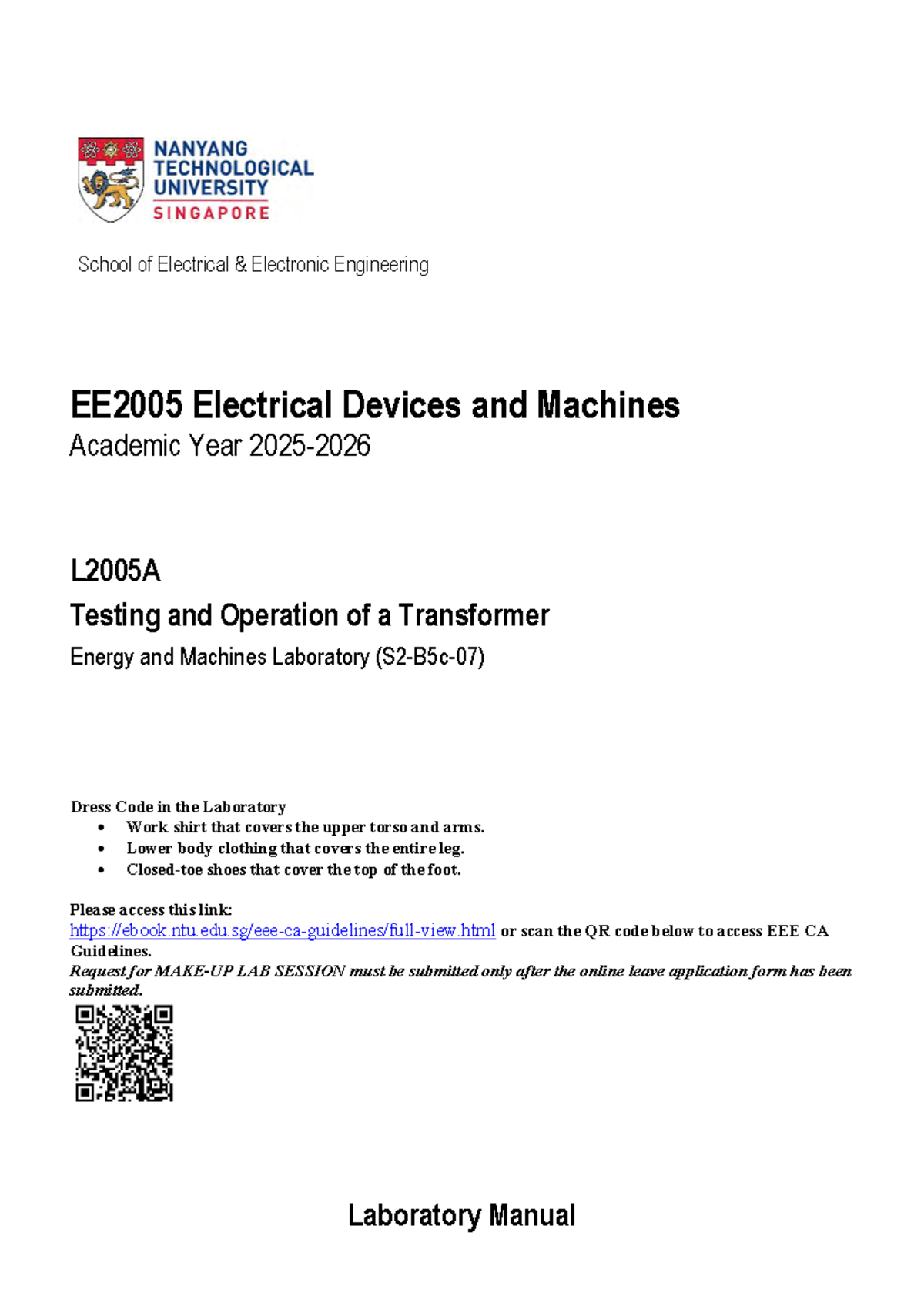 L2005A Lab Manual: Testing & Operation of Transformers in EE2005 - Studocu