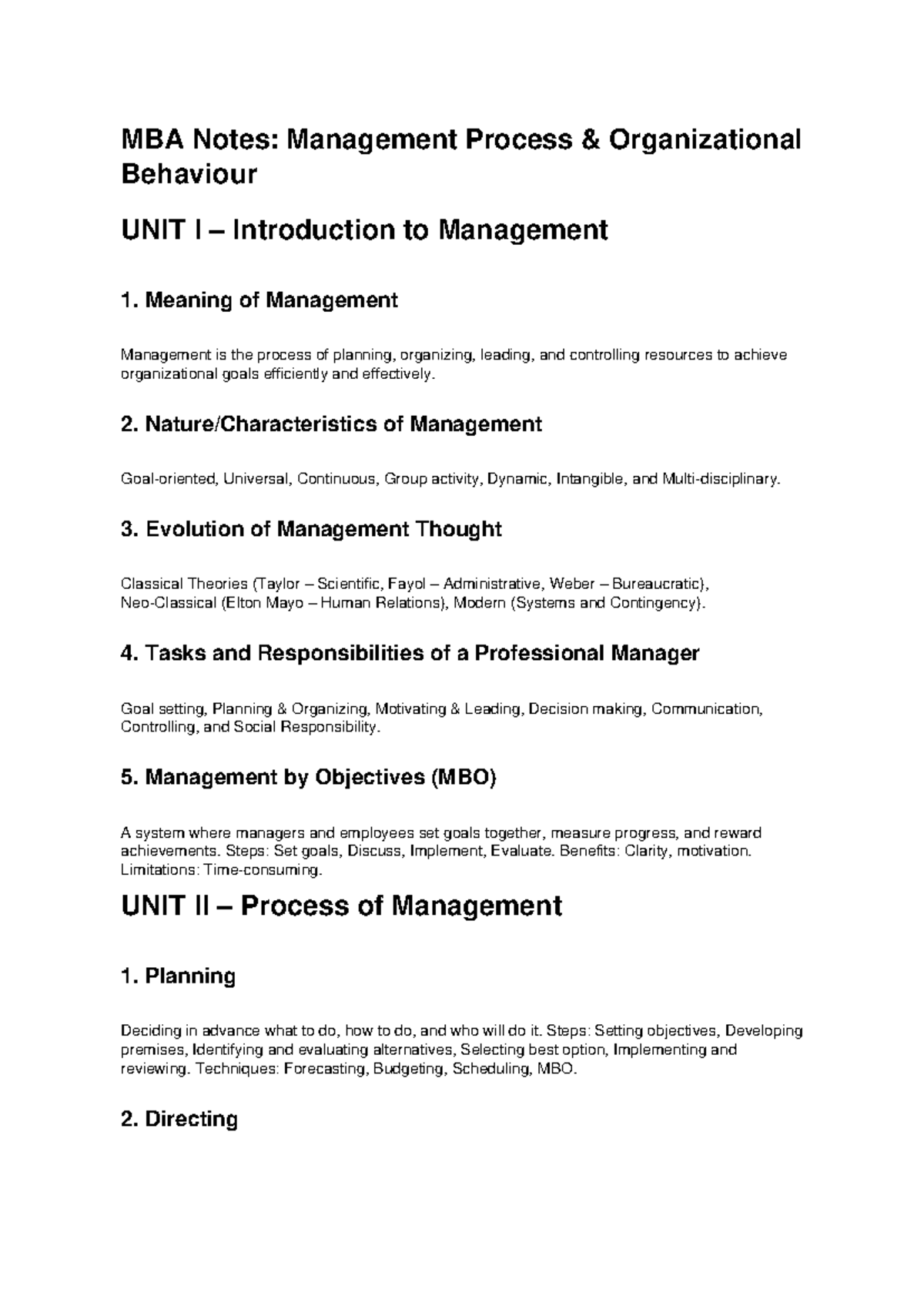 MBA Notes: Management Process & Organizational Behaviour Units I & II ...