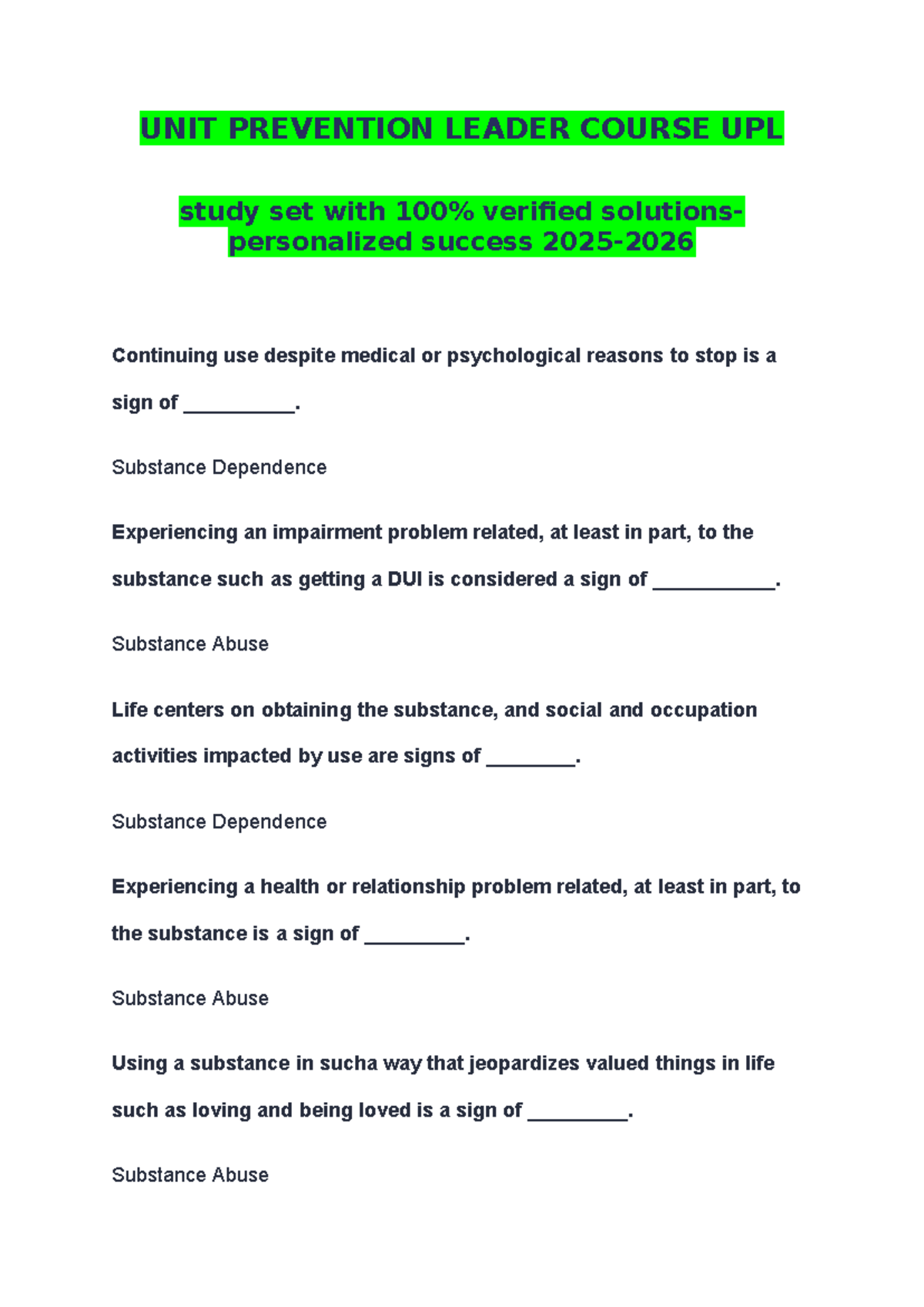 UNIT PREVENTION LEADER COURSE UPL Study Set with Verified Solutions ...
