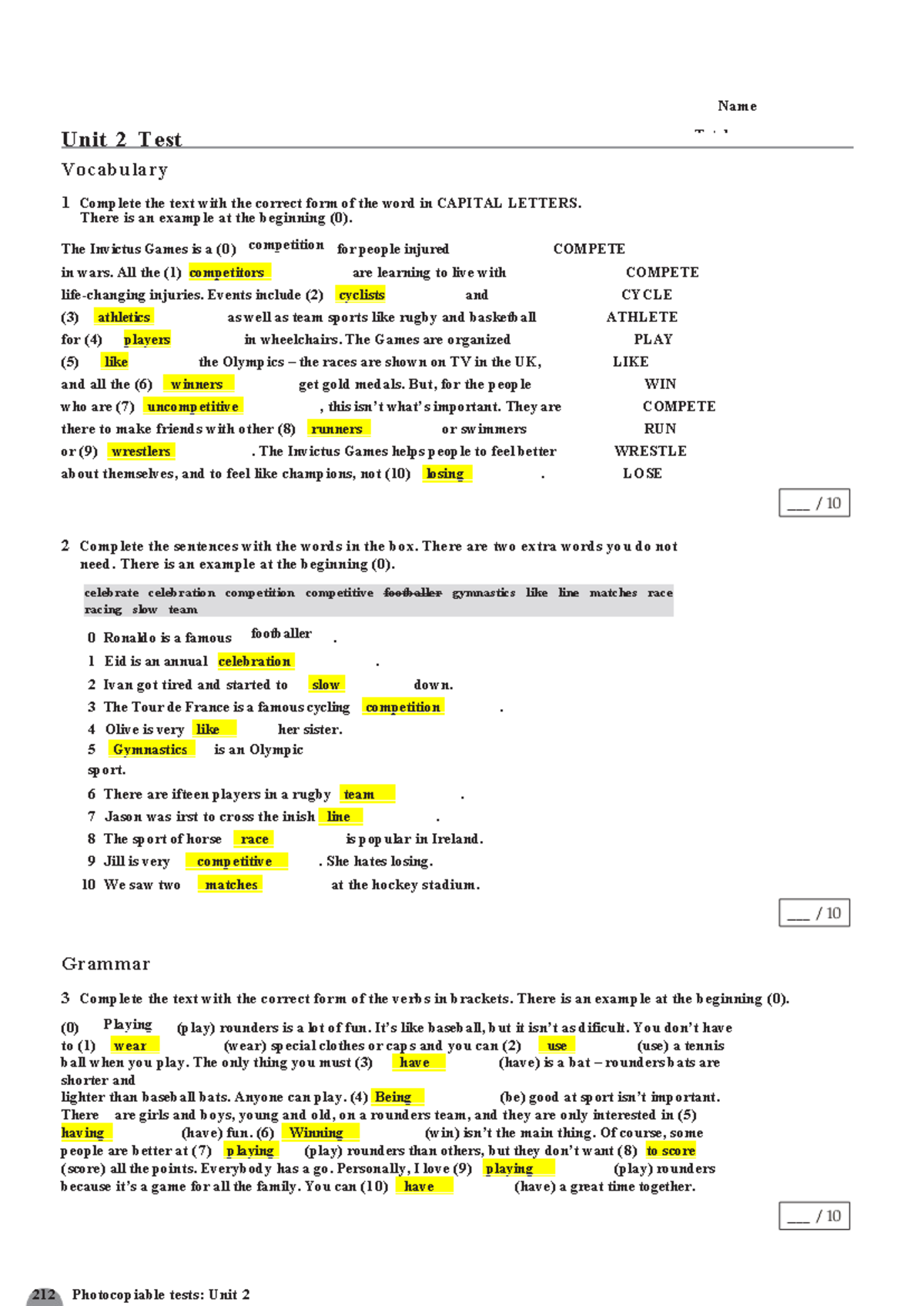 Unit 2 Test Vocabulary & Grammar Activities for 2081B - Studocu