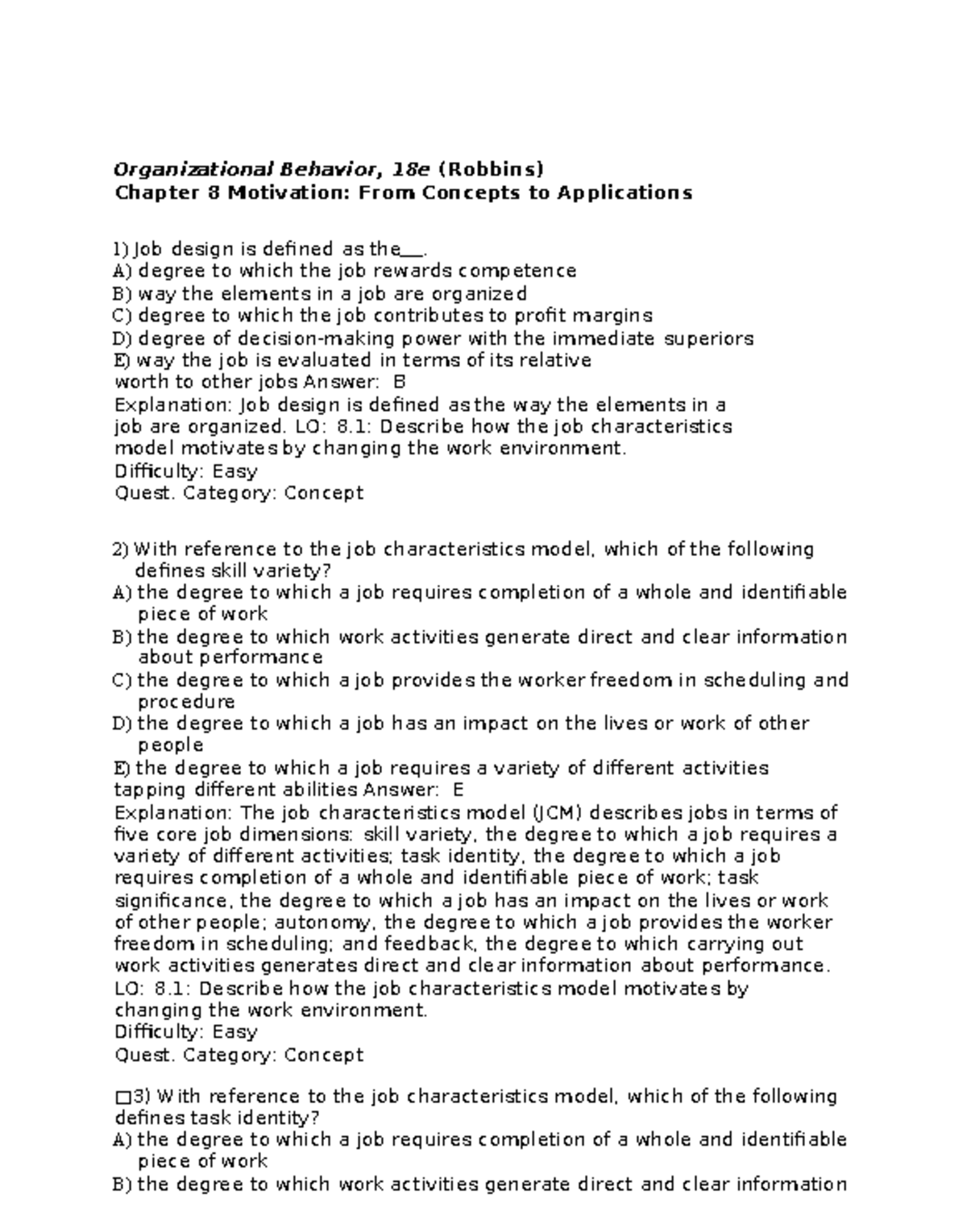Organizational Behavior, 18e (Robbins) Chapter 8 Test Bank: Motivation ...