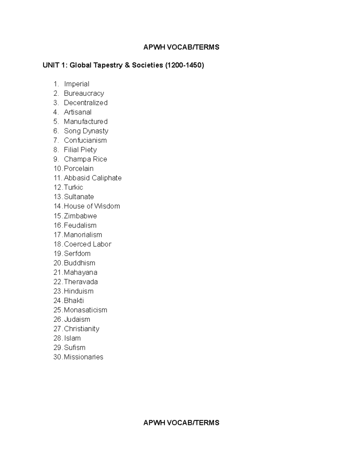 APWH Vocab Terms: Units 1-9 Overview and Key Concepts - Studocu