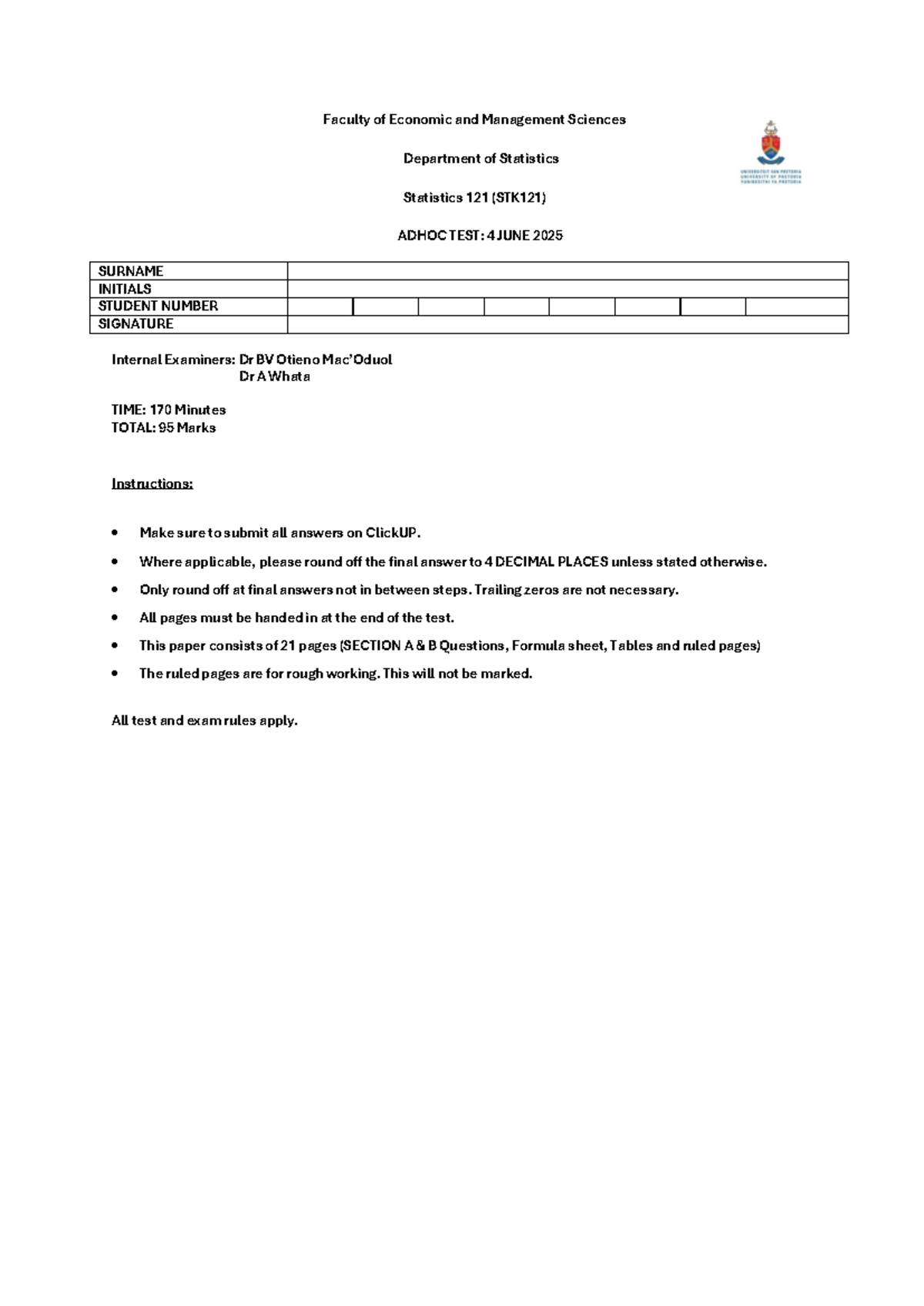 STK121 Adhoc Test: Statistics 121 Question Paper - June 2025 - Studocu