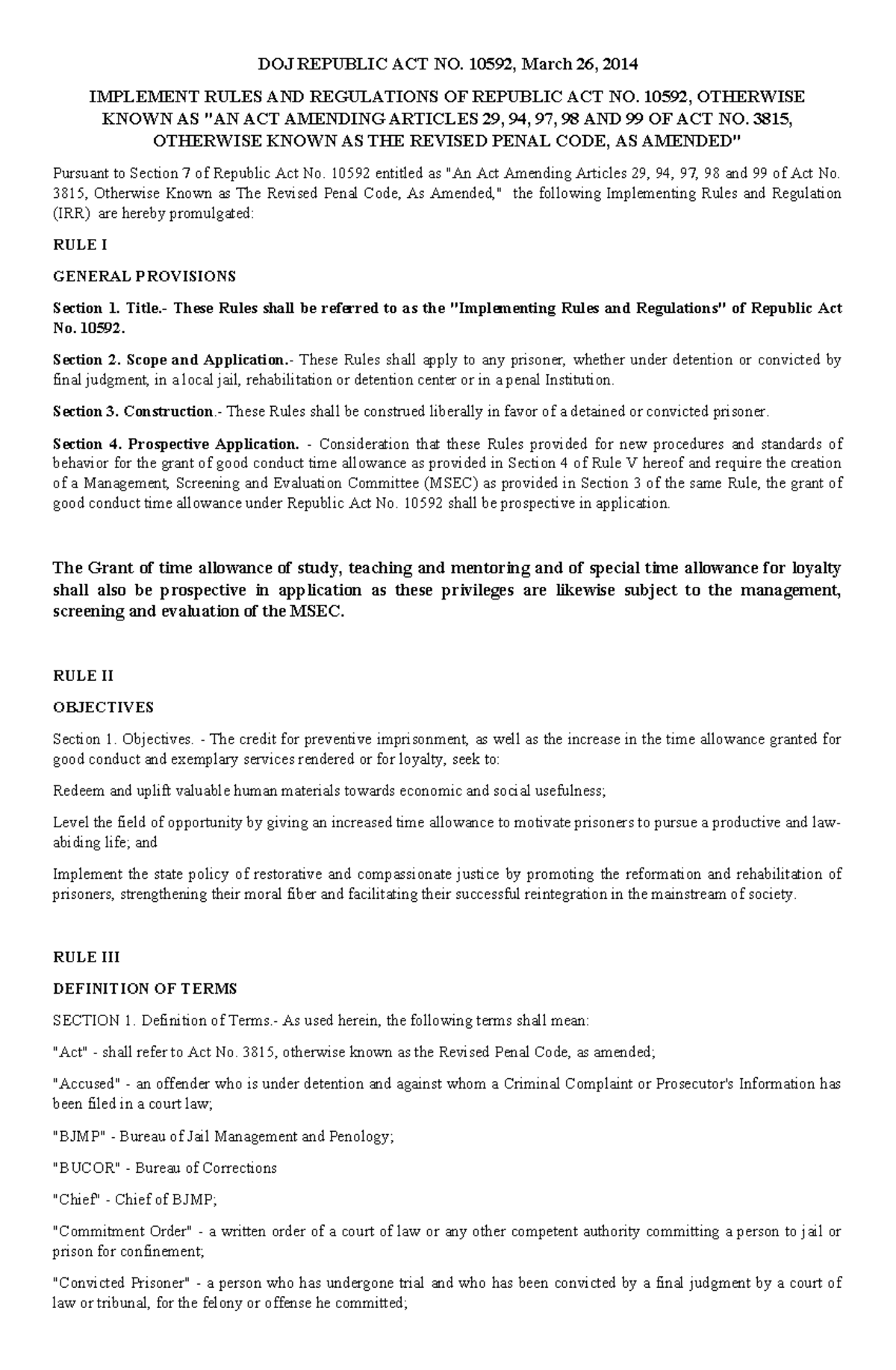 IRR of Republic Act No. 10592: Implementing Rules & Regulations - Studocu