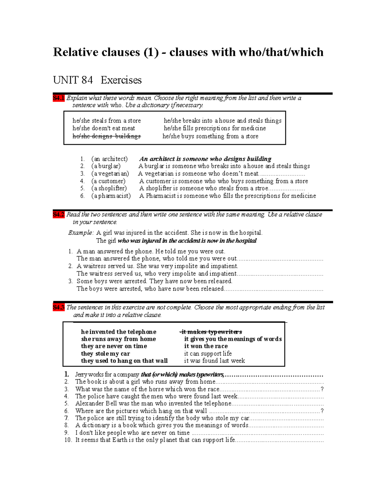 Relative Clauses (1) - UNIT 84 & 85 Exercises and Explanations - Studocu