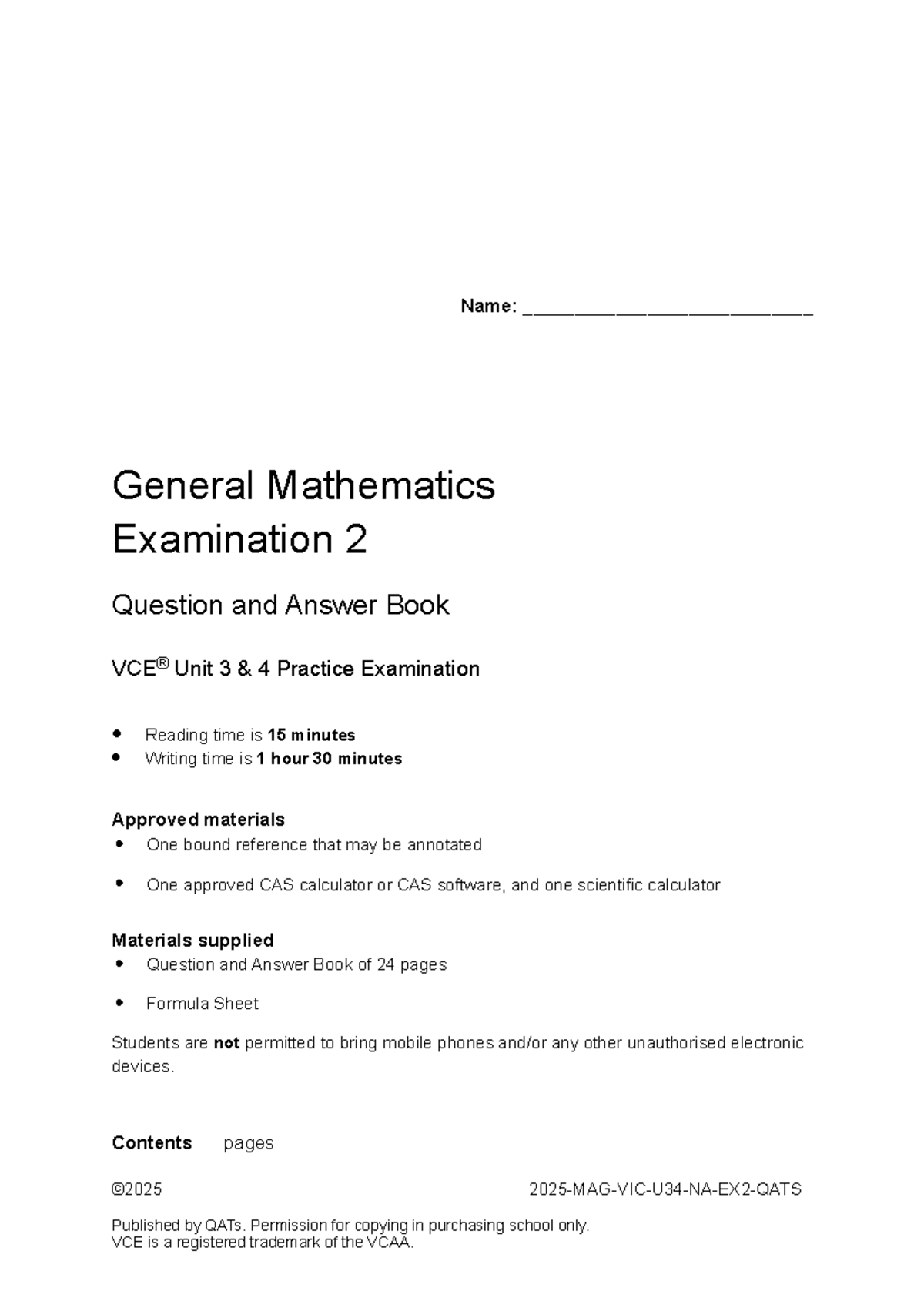 2025 QATS VCE General Mathematics Units 3&4 Trial Exam 2 Q&A Book - Studocu