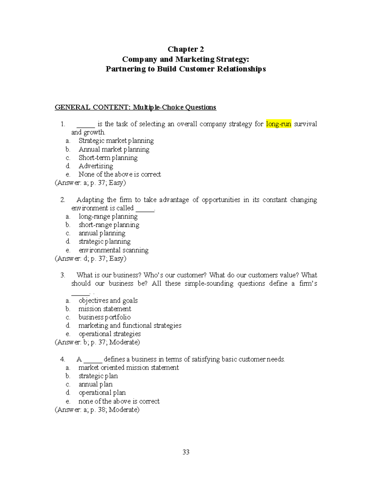 1 - ôn tập thi midterm - Chapter 2 Company and Marketing Strategy ...