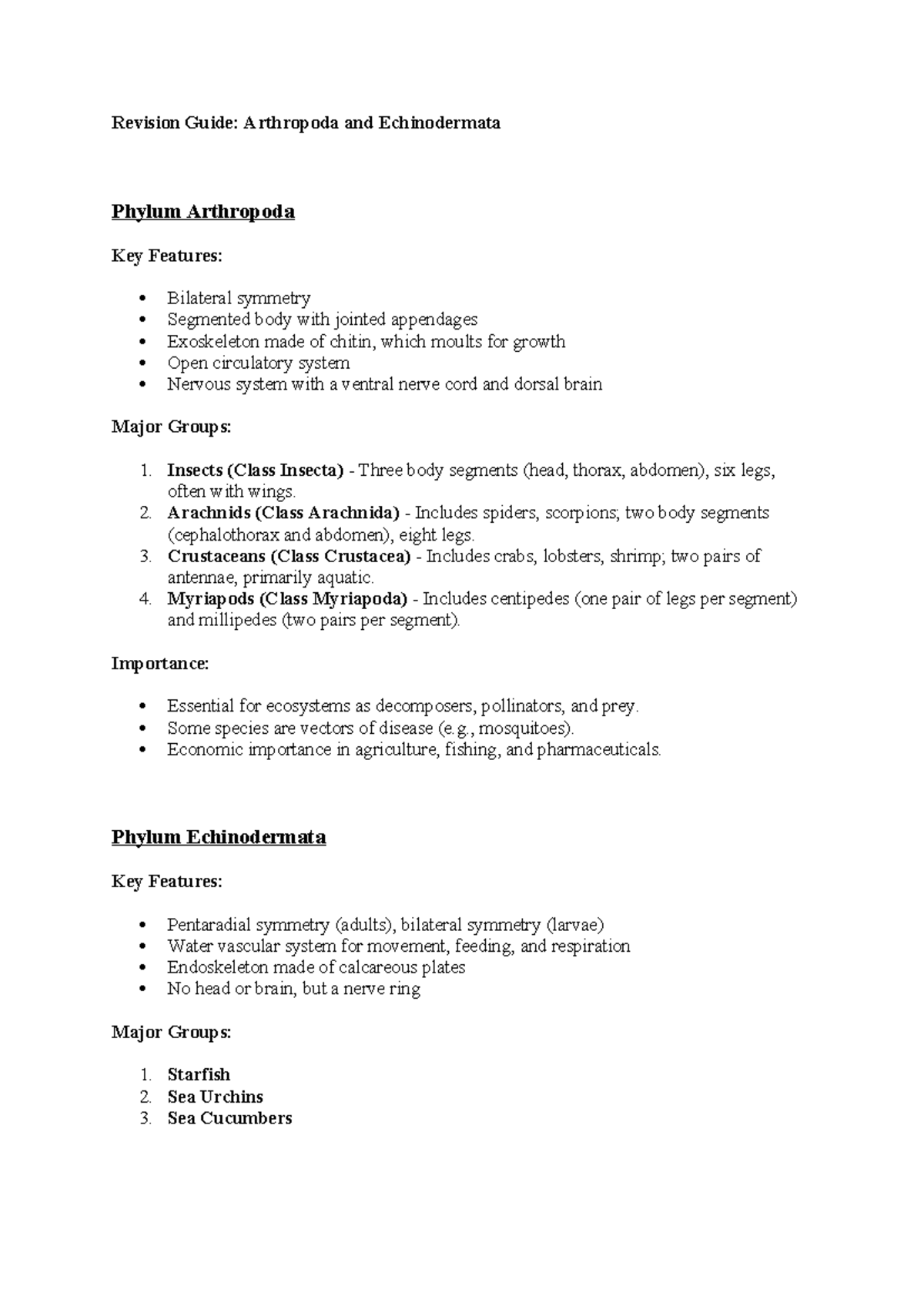 Revision Guide: Key Features of Arthropoda & Echinodermata - Studocu