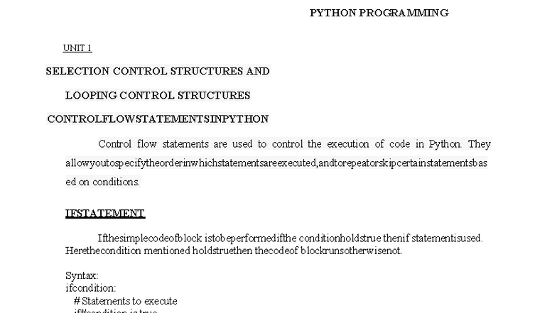 Python Programming Unit 1: Control Structures & Flow Statements - Studocu