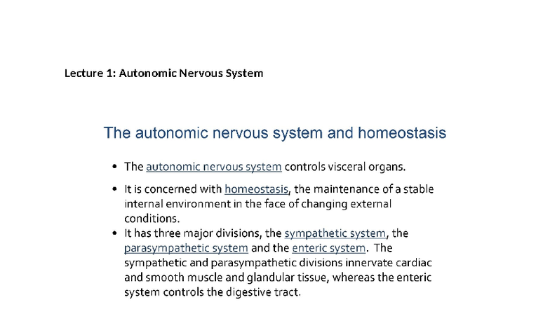 PHGY 209 Lecture 1: Overview of the Autonomic Nervous System - Studocu