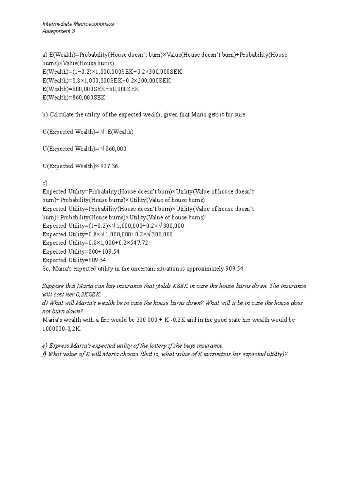 Intermediate Macroeconomics Assignment 3 Analysis of Expected Utility ...