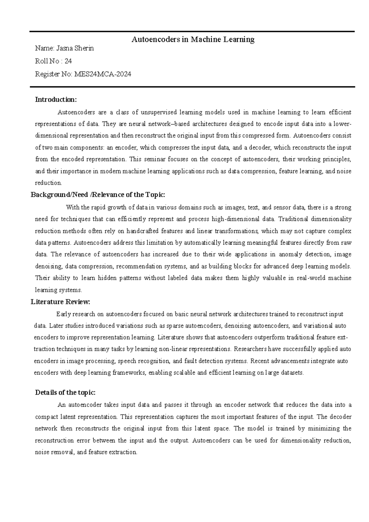 Autoencoders in ML: Concepts, Applications & Literature Review - Studocu